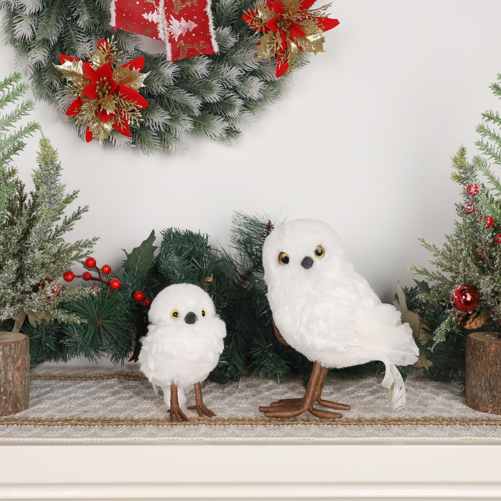 winemana Winter Decorations White Owl Figurine, Set of 2 Christmas Furry Owls Ornaments, Holiday Decor Table Decorations for Home Party