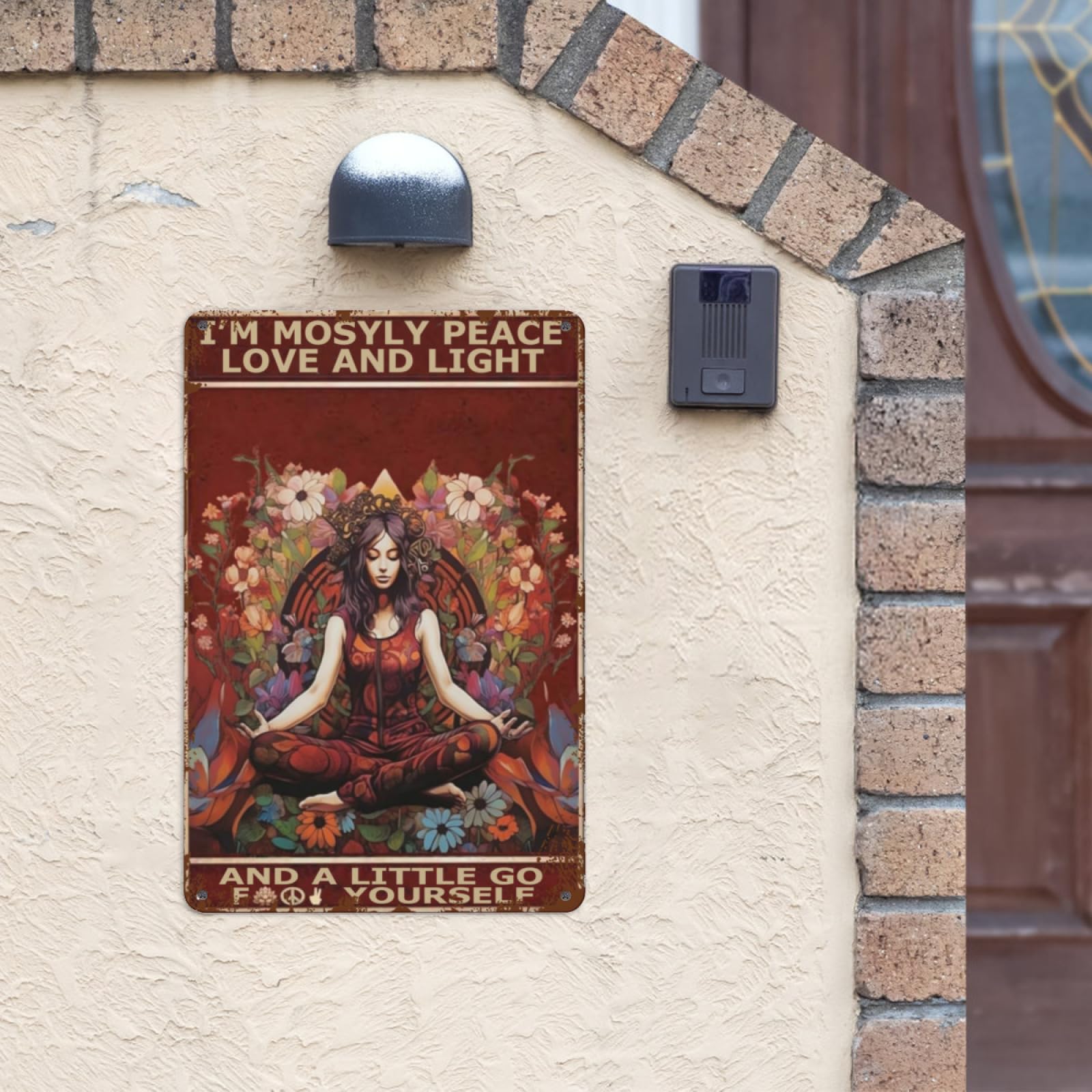 Boho Peace, Love & Light Metal Sign Vintage Hippie Wall Art Decoration for Yoga Studio,Coffee Poster with Funny Quote 'I'm Mostly Peace Love and Light and a Little Go F Yourself'. 8x12 Inches