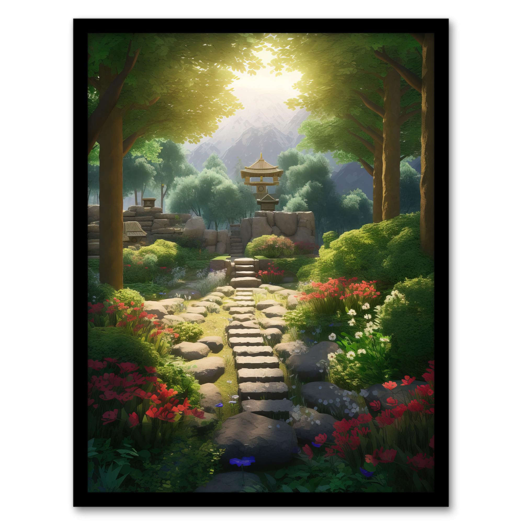 Acrylic Painting Wall Art Print - Flowers Blooming in Serene Japan Zen Garden - Steps Path Leading to Stone Lantern - Bathed in Sunlight - Framed Art