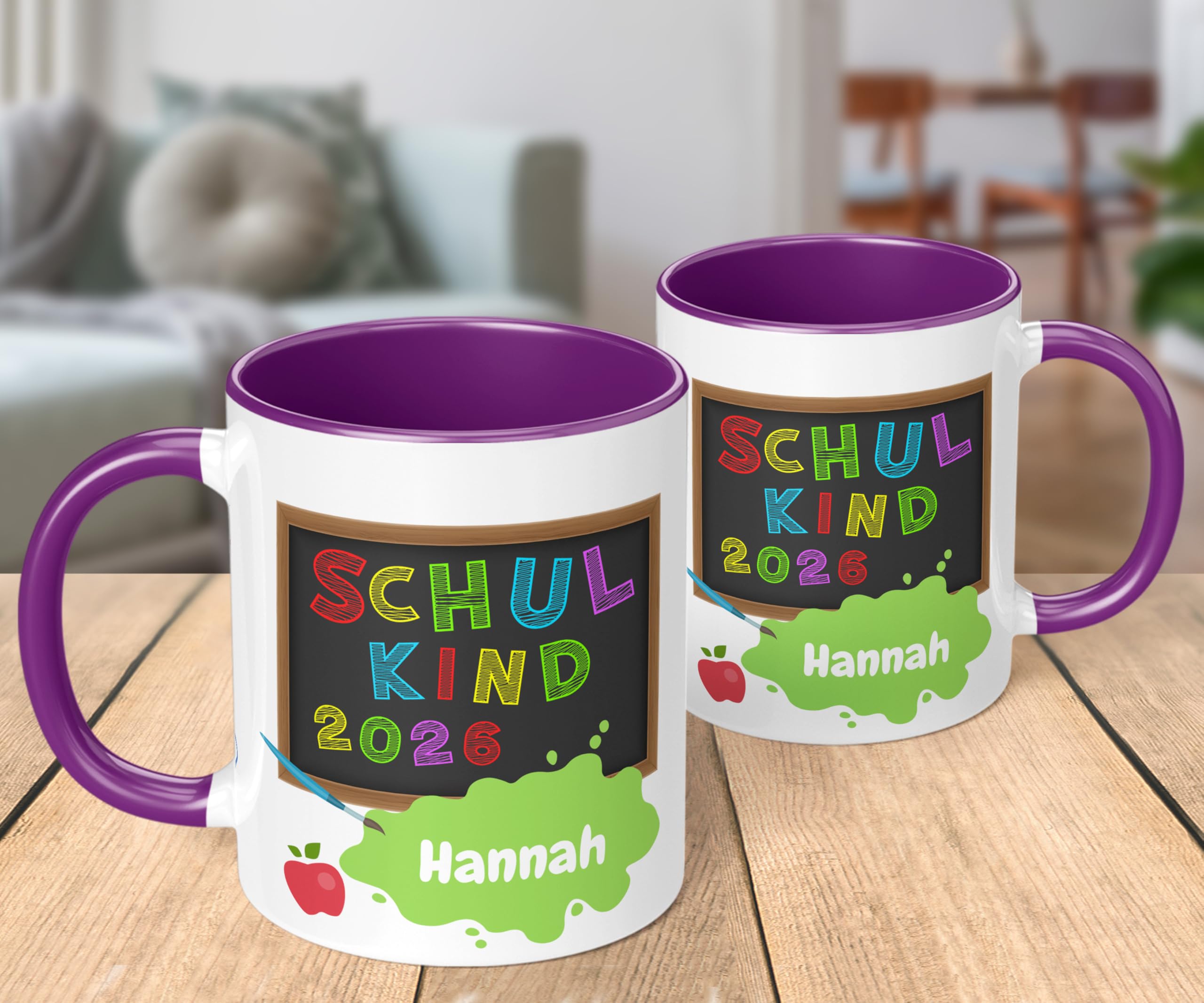 Geschenk zur Einschulung für Mädchen und Jungen: „Schulkind 2026“ - mit TAFEL-Motiv - personalisierte Tasse mit Namen für Erstklässler - kleines Geschenk für Schüler 1. Klasse, Violett