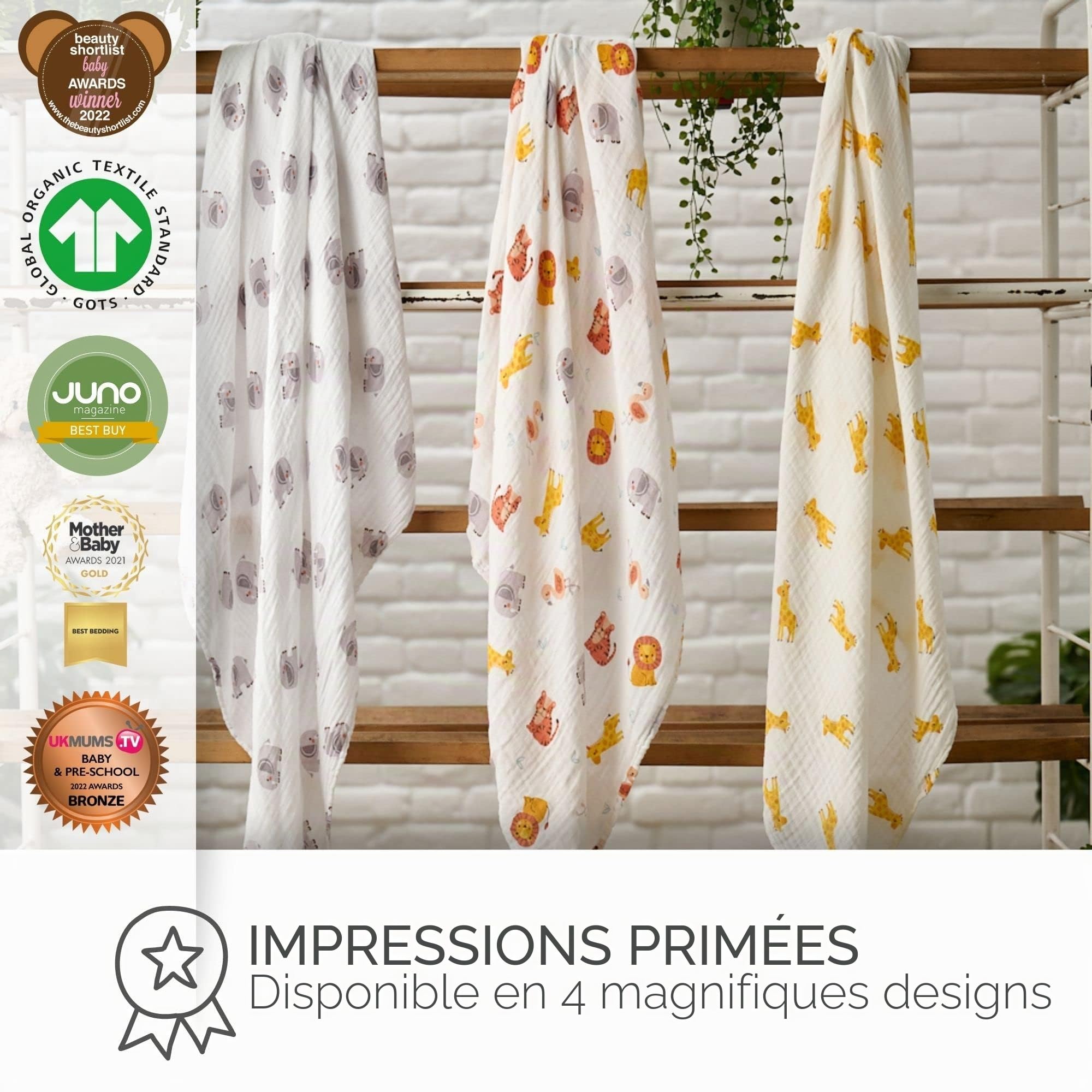 Bloomsbury Mill - Lot de 3 Grands Langes de Mousseline pour Bébé - 100% Pur Coton Biologique - Animaux De La Jungle - Safari - 120cm x 120cm