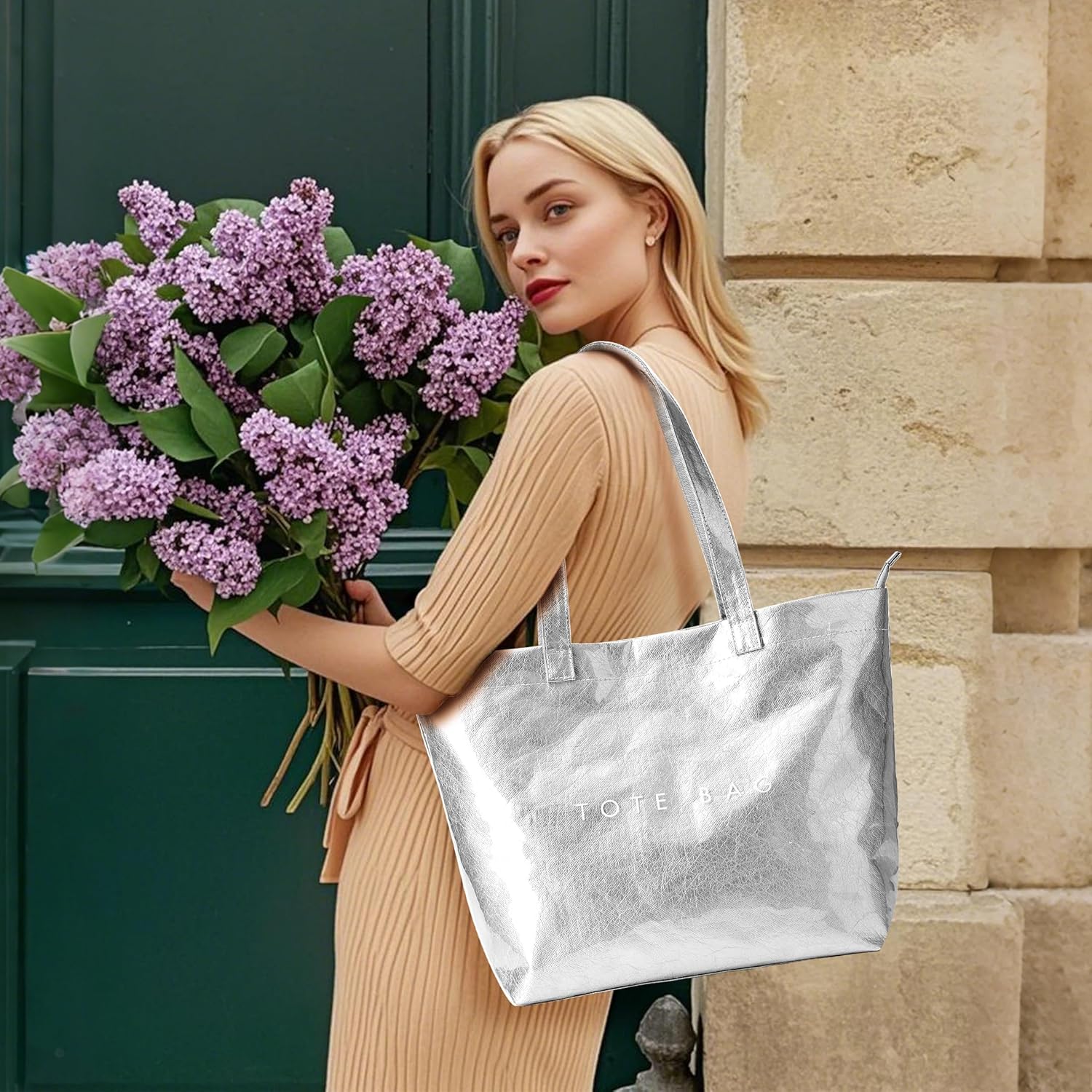 KALIDI PVC Zipper Tote Bag, Jelly Kraft Paper Beach Bag Large Hobo Carry All Travel Shopping Handbag Plastic Shoulder Bag - Image 3