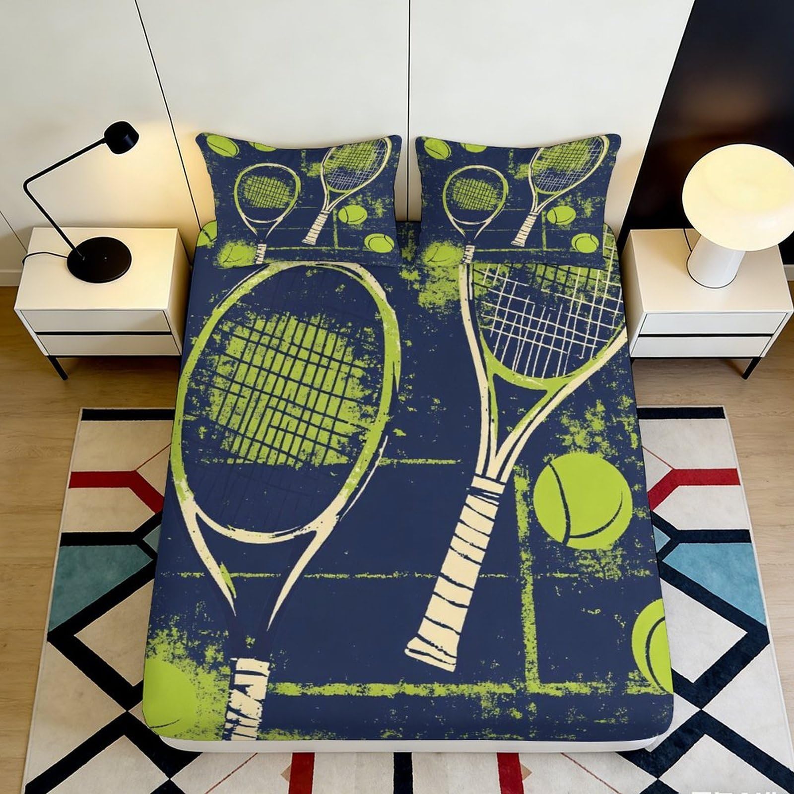 Jqzkxnhpbr Style-4 3D Printed Tennis Racket Fitted Sheet Microfiber Sports Ball Mattress Cover Slip-Resistant Easy Care For Bedroom Dorm Decor 90X200x25cm