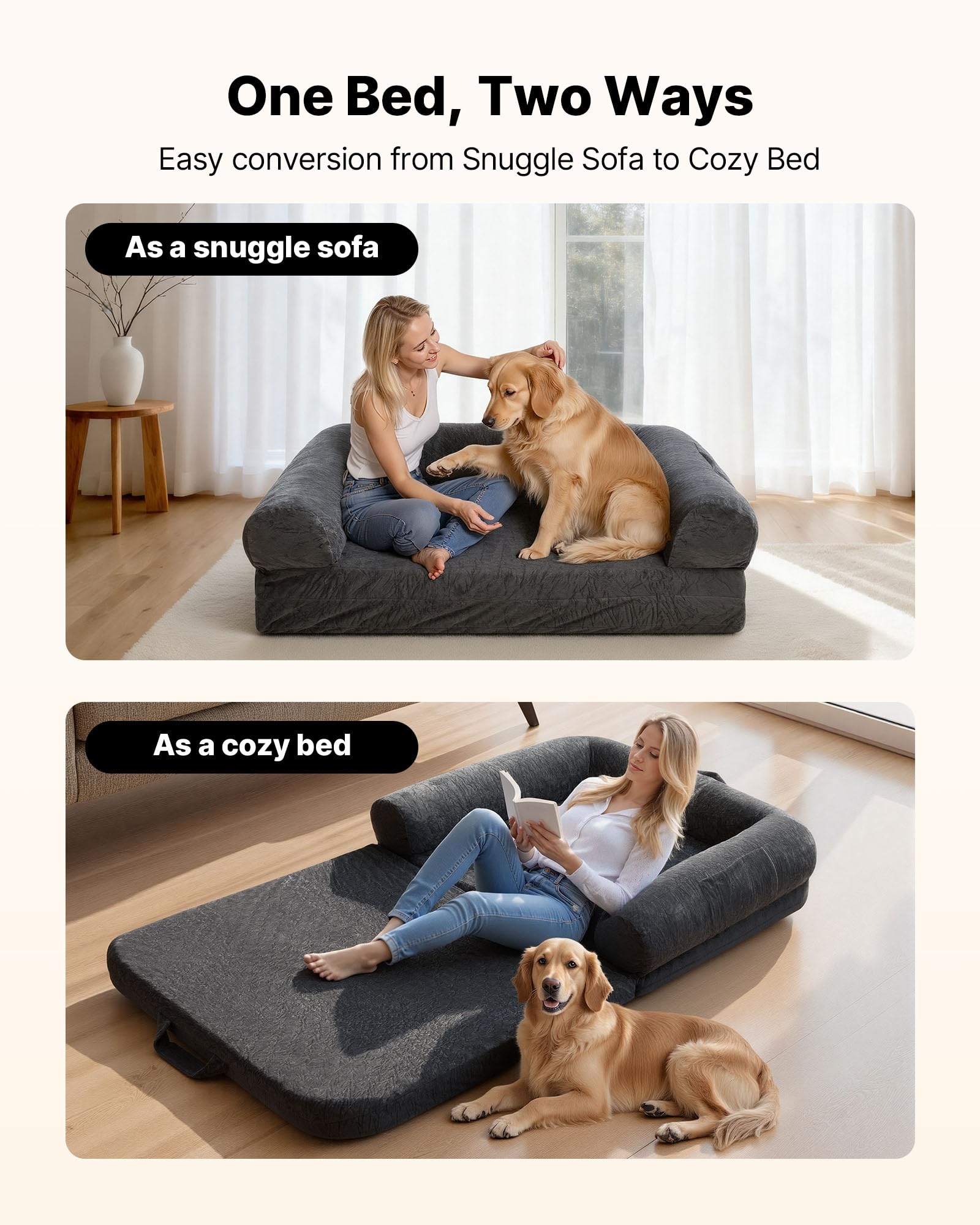 VEVOR Cama para Perros Rectangular, 179 x 95 x 22 cm, Ortopédica, de Espuma Viscoelástica, Tamaño Humano, con Bolsillo Lateral, Asa y Cremallera, Funda Extraíble y Lavable a Máquina, Gris Oscuro