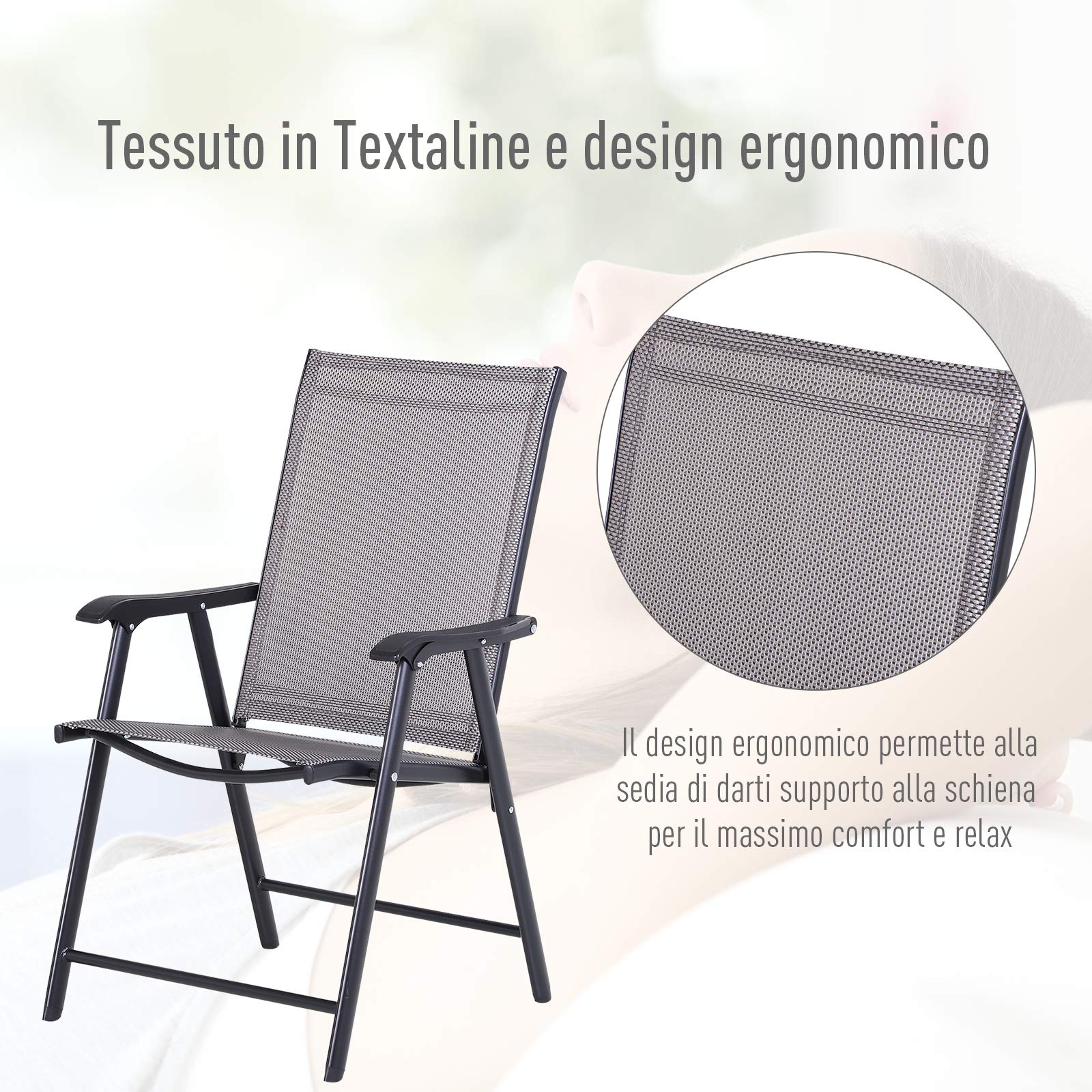 Outsunny Set 2 Sedie da Giardino Pieghevoli con Braccioli, Sedie per Pranzo da Esterno in Metallo e Texteline, da Patio, Balcone, Terrazza, Esterno e Interno, 58x64x94cm, Grigio