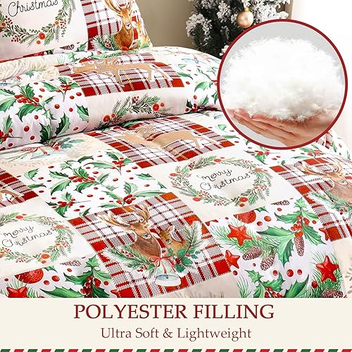 Miniatura 4 de Exclusivo Mezcla - Juego de edredón de Navidad tamaño individual, 2 piezas reversibles, ropa de cama de invierno con patrón de corona de renos