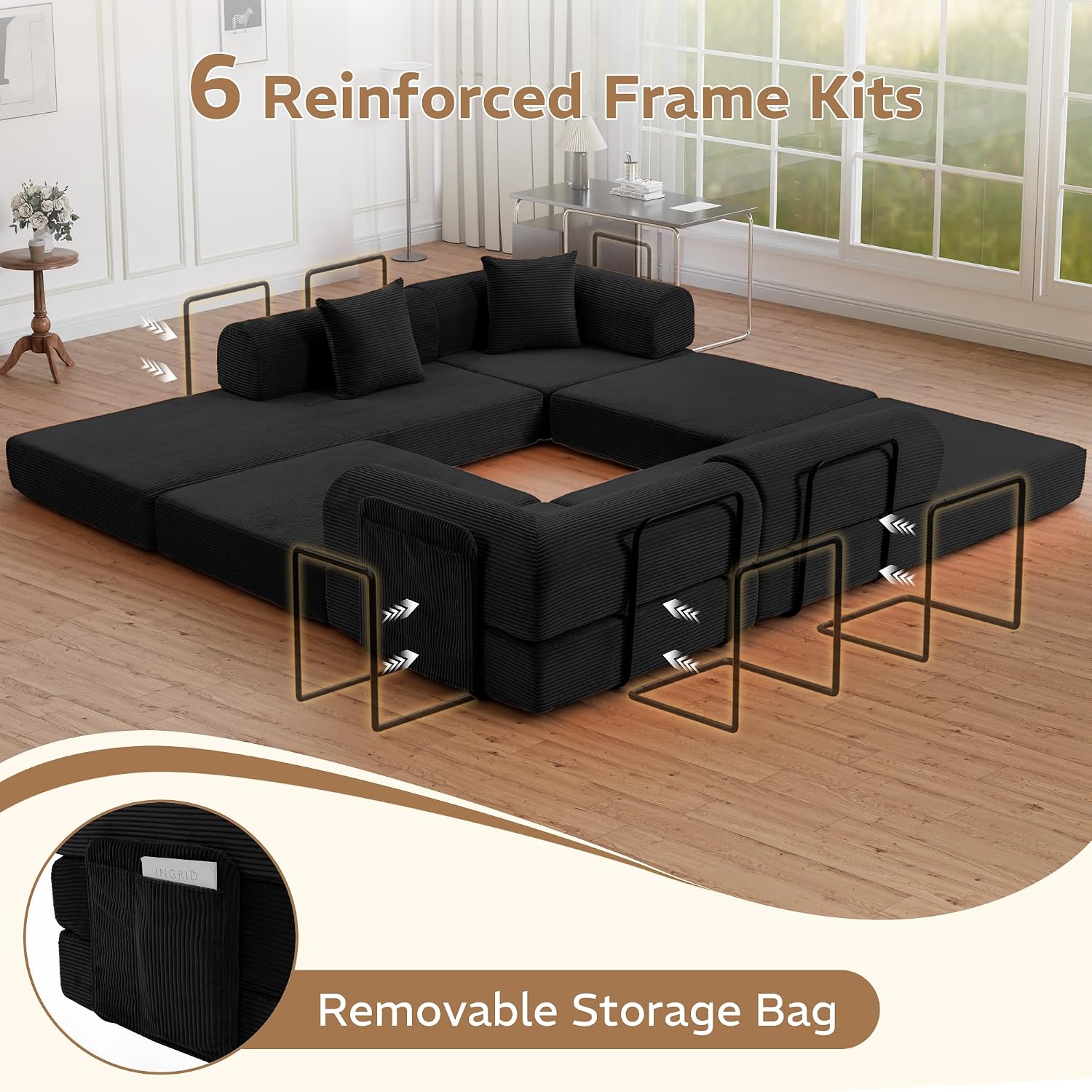 142" Oversized Modular Sectional Sofa Bed, 7-in-1 Convertible Corduroy Cloud Couch with Storage Bag & Reinforced Frame, Deep Seat Sectional Couches for Living Room, Tool-Free Assembly, Black