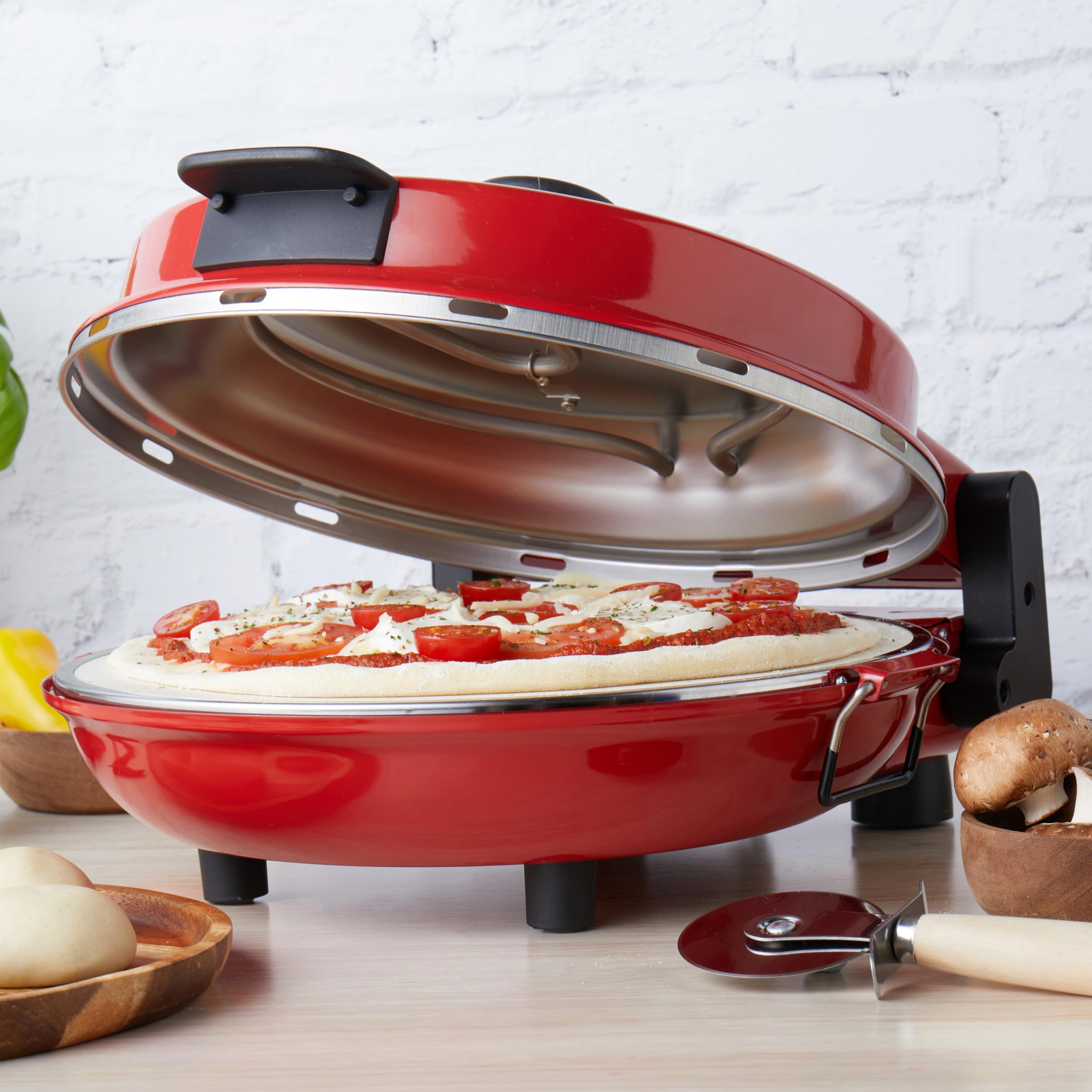 Petra PT5666VDE Horno eléctrico para pizza - interior, 1200 W, 5 niveles de temperatura, precalentamiento rápido, pizzas de 12 pulgadas en 5 minutos, piedra para pizza extraíble, cortador y 2 paletas