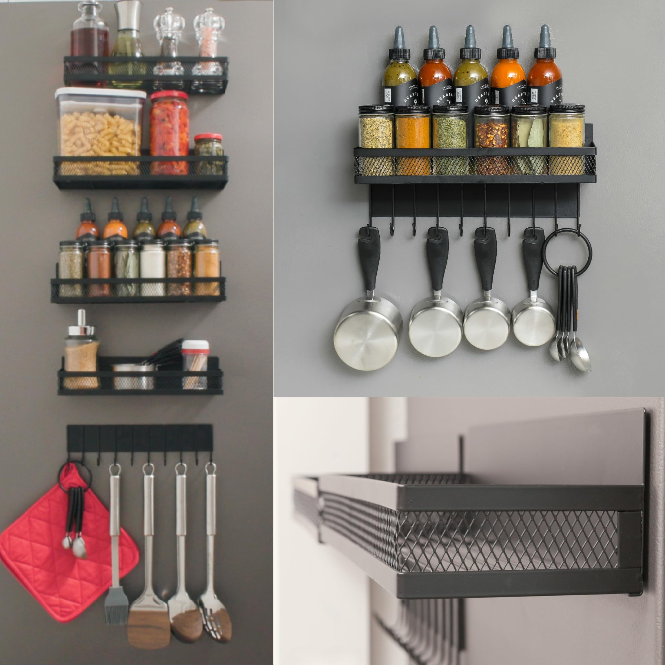 Houseify SPICE FLOAT Magnetic Spice Organizer Racks - 4 Premium Metal Racks + 1 Hanging Hook Bar Kitchen Shelf - Seasoning Organizer For Kitchen