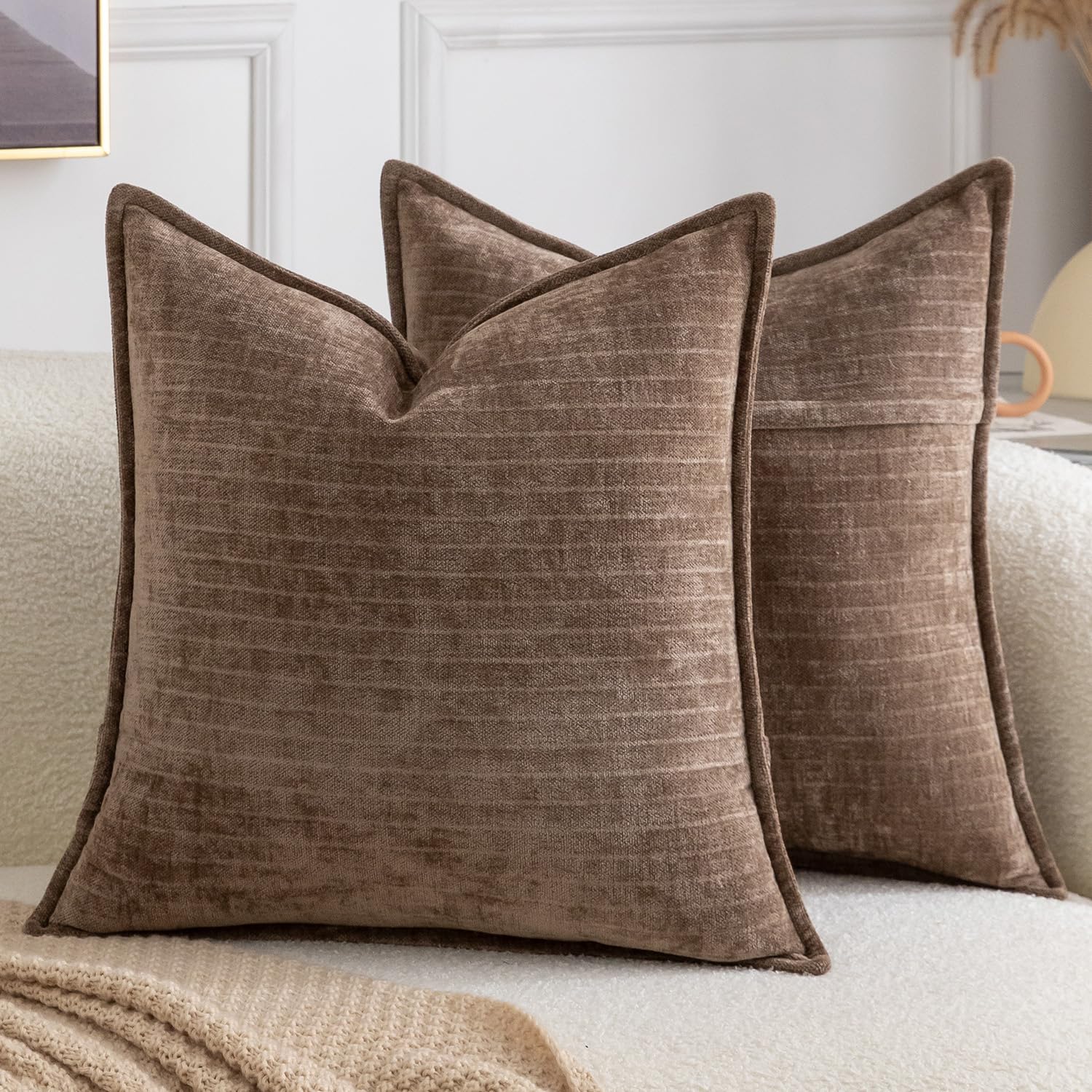 Madizz Pack of 2 Decorative Striped Cushion Covers Vintage Boho Soft Chenille Throw Pillows Luxurious Pillow Cases for Couch Sofa Bedroom Living Room 45x45 CM, Brown โ image 1