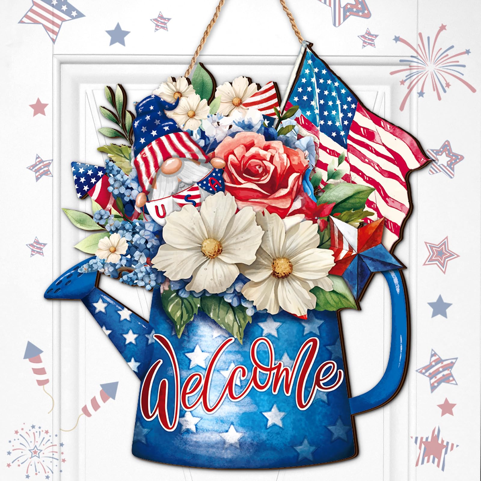 Juexica 4th of July Door Decor Patriotic Wooden Hanging Sign Independence Day Memorial Day Decoration American Flag Bouquet Door Hanger for Outdoor