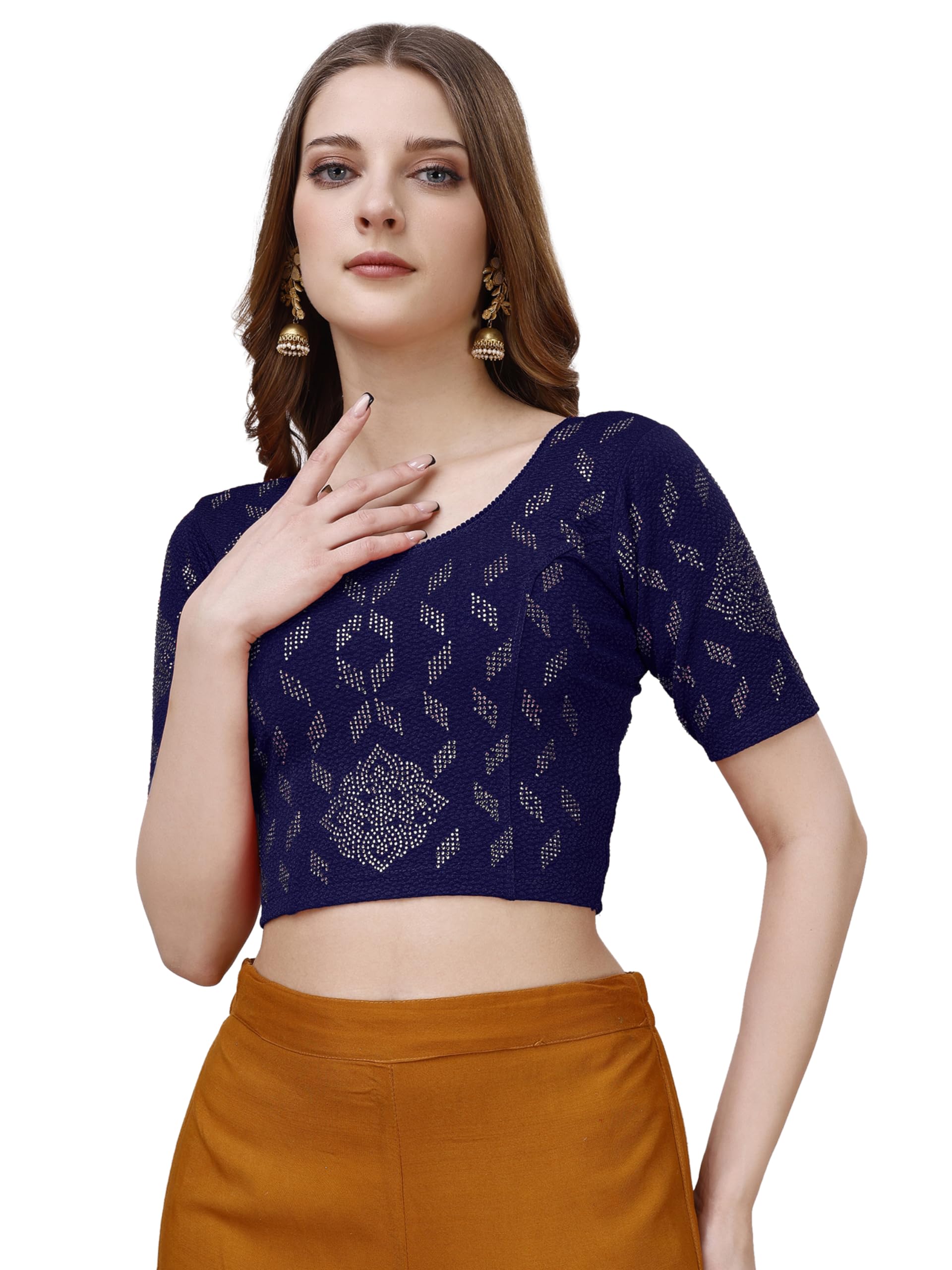 Pujia Mills Women's Readymade Hosiery Lycra Stretchable Round Neck Half Sleeve Blouse With Swaroski Work Fancy Lycra Stretchable Navy Blue Blouse For Women Readymade Saree Blouse