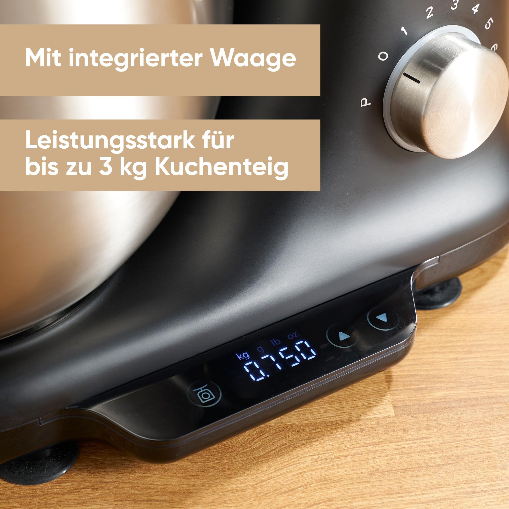 SEVERIN Küchenmaschine mit Waage, große Knetmaschine für bis zu 3 kg Kuchenteig, robuste Teigmaschine mit Knethaken, Flachrührer und Schneebesen, 1.000 W, schwarz, matt,Edelstahl, KM 3898
