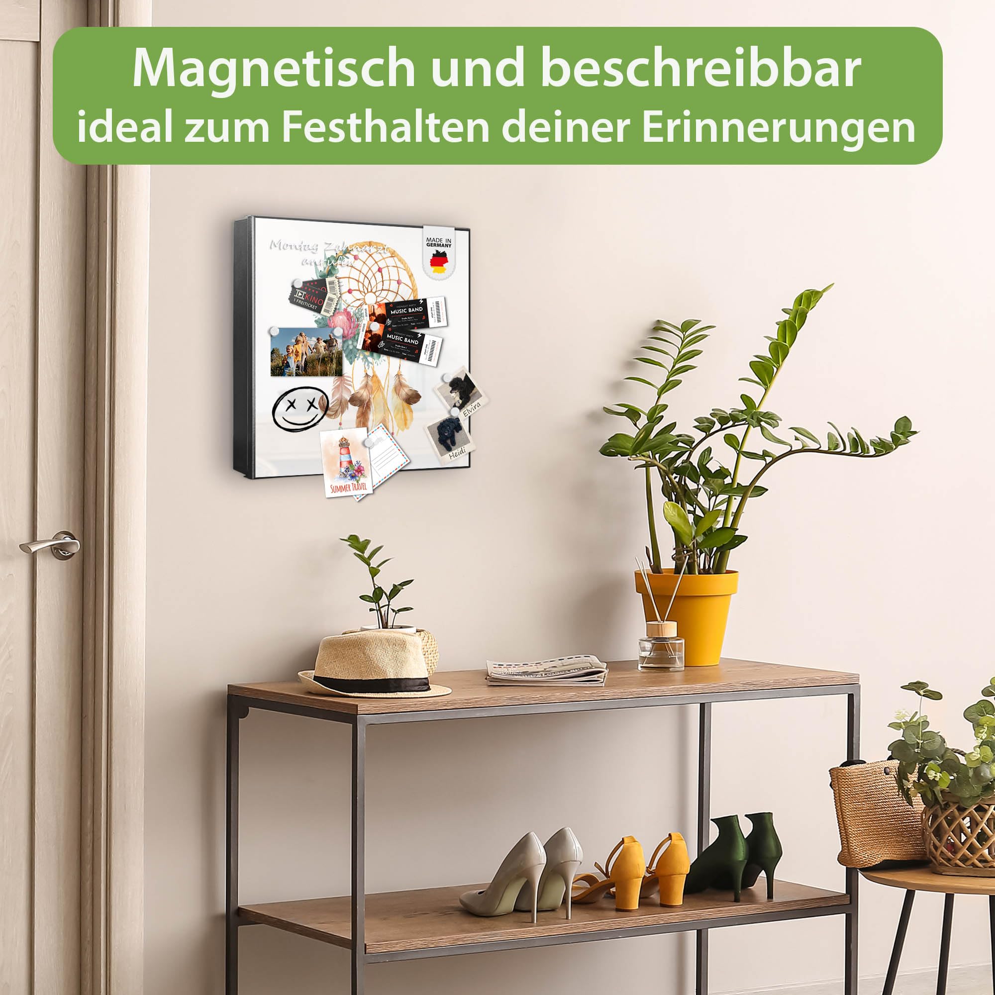 banjado Großer Schlüsselkasten Metall - Schlüsselbox 30x30cm beschreibbarer mit 32 Haken - Schlüsselkasten modern für Schlüsselaufbewahrung - Korpus Schwarz Scharnier Rechts - Motiv Traumfänger Federn