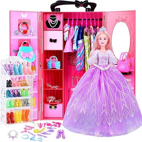 Miniatura 1 de 157 piezas de ropa y accesorios para muñecas con armario de muñecas para muñecas de 11.5 pulgadas, incluyendo estante para zapatos, vestido de boda,