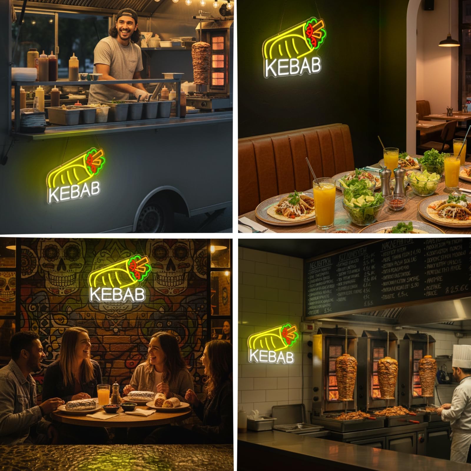 KEBAB" Insegna al neon per decorazione da parete, alimentata tramite USB, LED con interruttore dimmerabile, per bancarelle alimentari di Kebab Döner