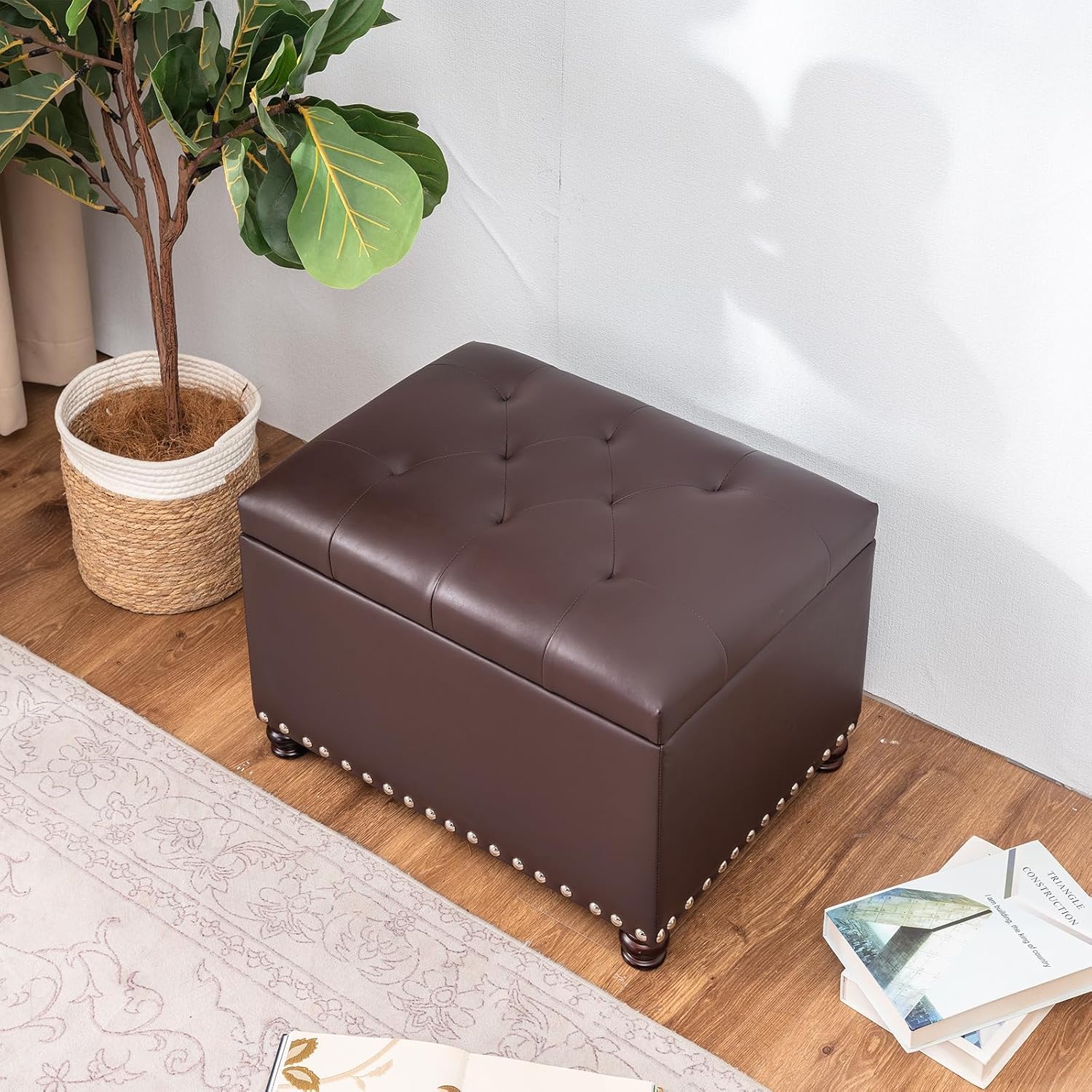 Joveco Faux Leather Storage Ottoman Bench Rectangle 24 Inch Foot Rest Ottomans (Brown) - Image 10