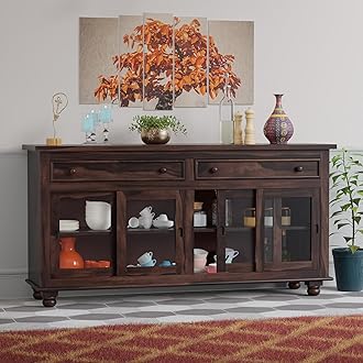 AMAZART FURNITURE Solid Sheesham Wood Sideboard Cabinet for Living Room | Wooden Crockery Cabinet with 4 Sliding Acrylic Glass Doors & 2 Drawers | Kitchen Display Unit | Walnut Finish