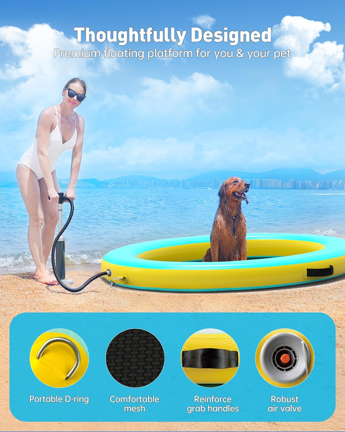 Inflatable Dog Pool Float Lounger– 75"x55" Extra Large Water Raft Floating Dock for Large Dogs and Owners, Heavy-Duty PVC, Supports 120kg/265lbs – Summer Water Fun for Lake Pool and Beach