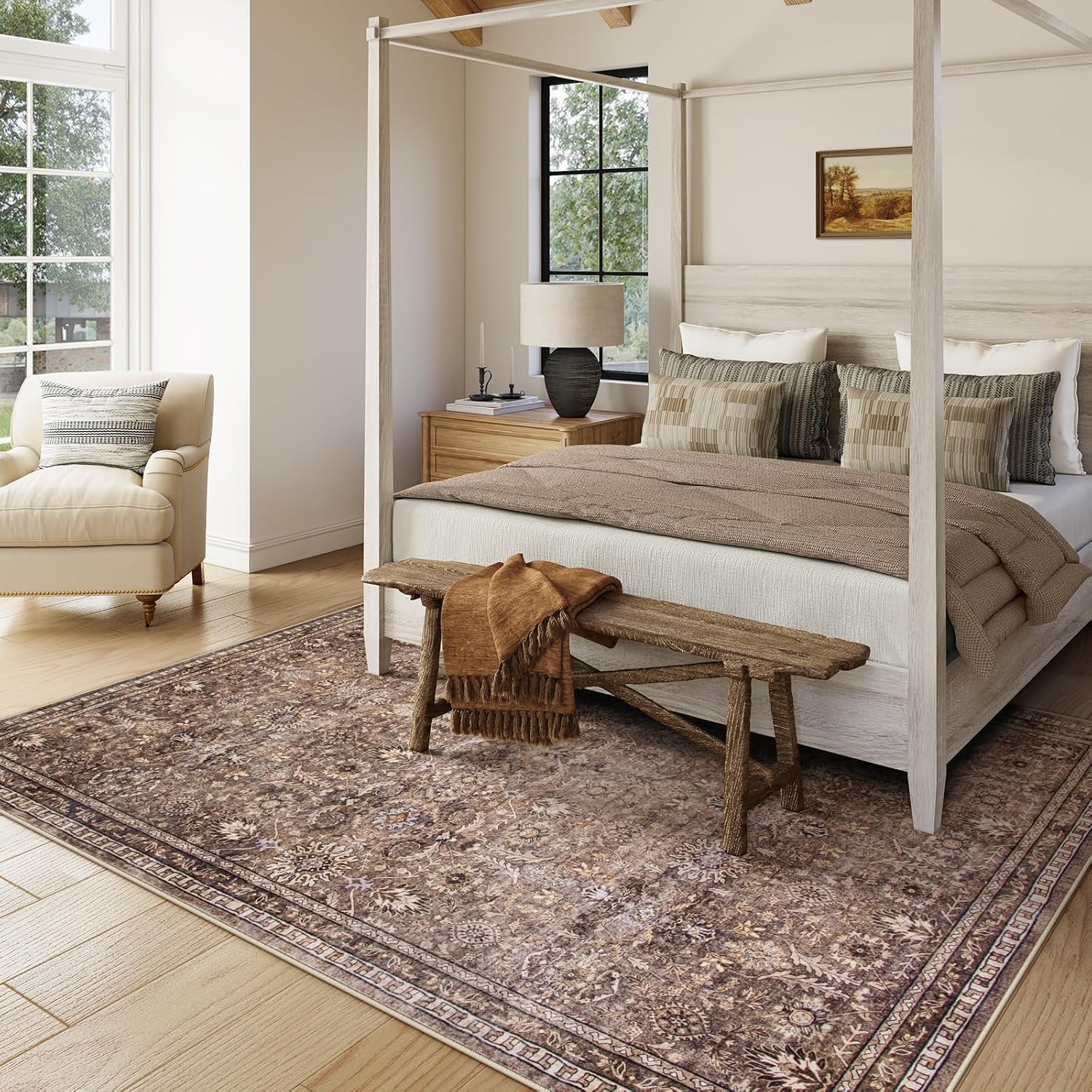 Size 8x10 Color Brown Lahome Oriental Rugs for Bedroom 8x10, Boho Washable Red Rugs for Living Room, Soft Rubber Backed Anti-Skid Floor Carpet for Dining Room Department, Distressed Red