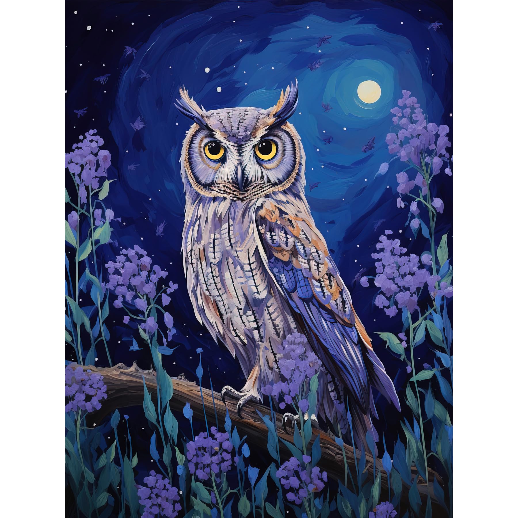Artery8 Wall Art Print - Great Horned Owl in Lavender Field - Oil Painting - W18" x H24"