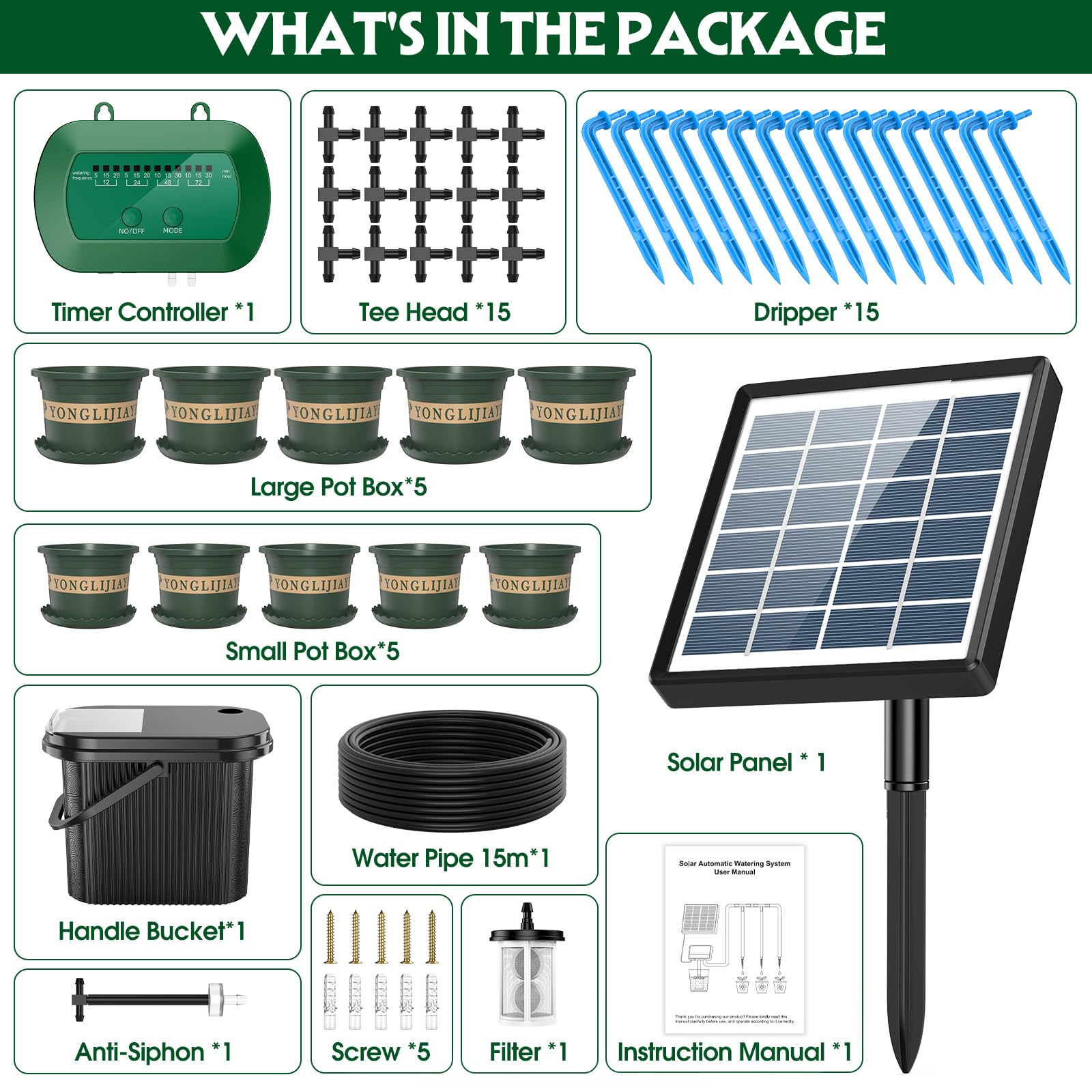 Sistema Riego Solar para Jardín Kit Riego Goteo 15 Micro Cabezales | Compatible con Cubo Riego por Goteo Automático para Vacaciones Terrazas de Balcones Invernaderos y Plantas Kit Riego Solar