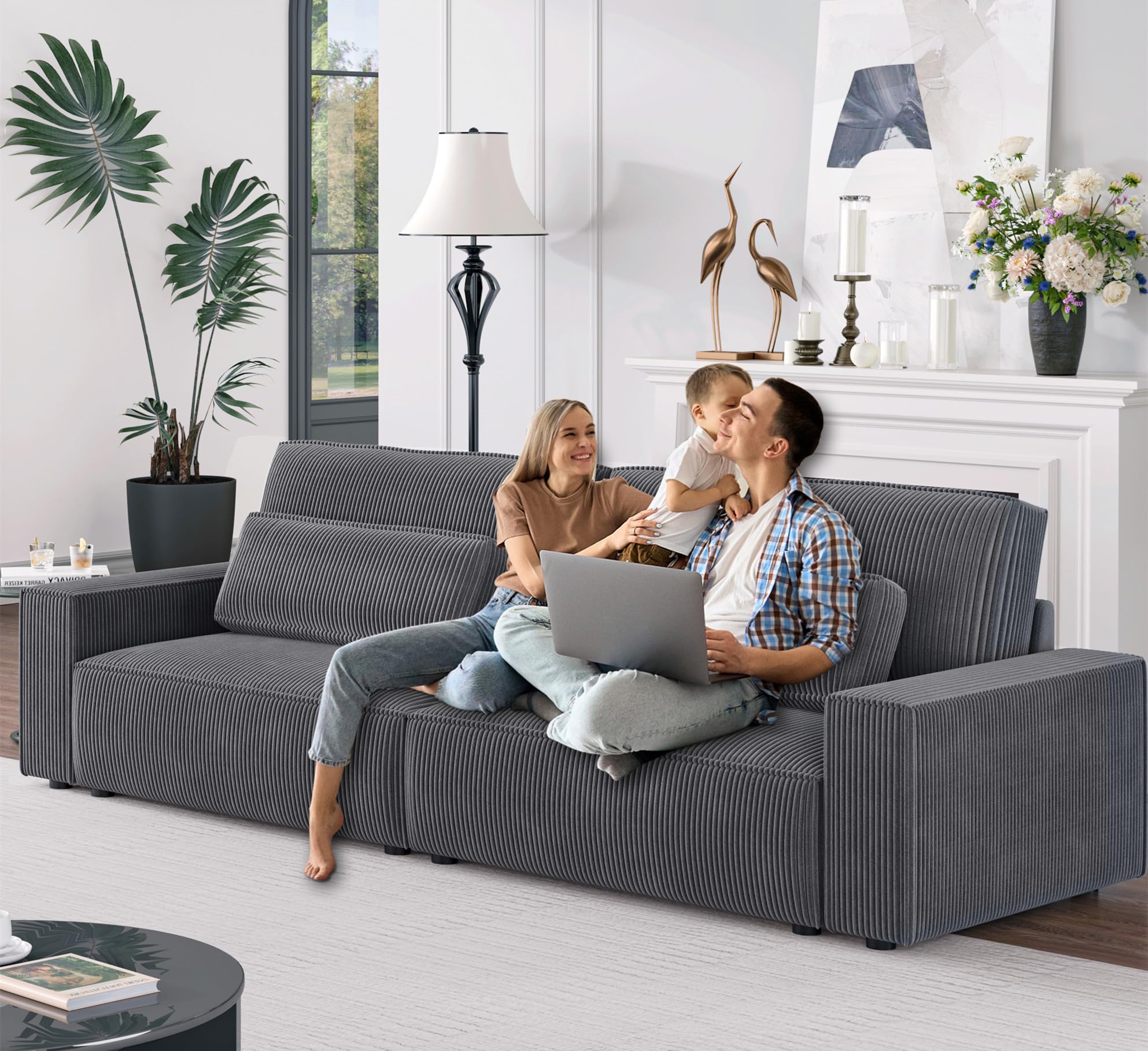 HIFIT 105" Modern Grey Sofa Couches for Living Room, Comfy Corduroy Fabric Couch w/28 Deep Seat & Fluffy Cushion, 4-Seater Home Sofa Living Room Furniture for Office with 2 Pillows, Solid Wood Frame