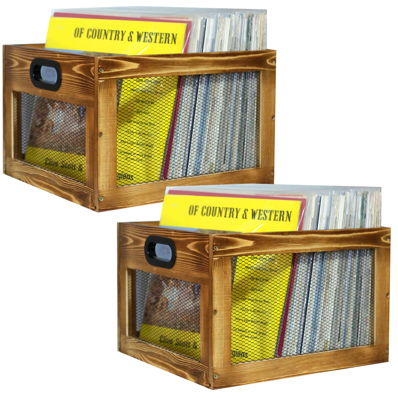 CuffUpCuffUp Vinyl Record Storage 2 Sets, Rustic Brown Album Storage for Vinyl Records with Handle, Classic Sturdy Vinyl Record Stand, Convenient Versatile Desktop Organizers for Albums Super Easy to