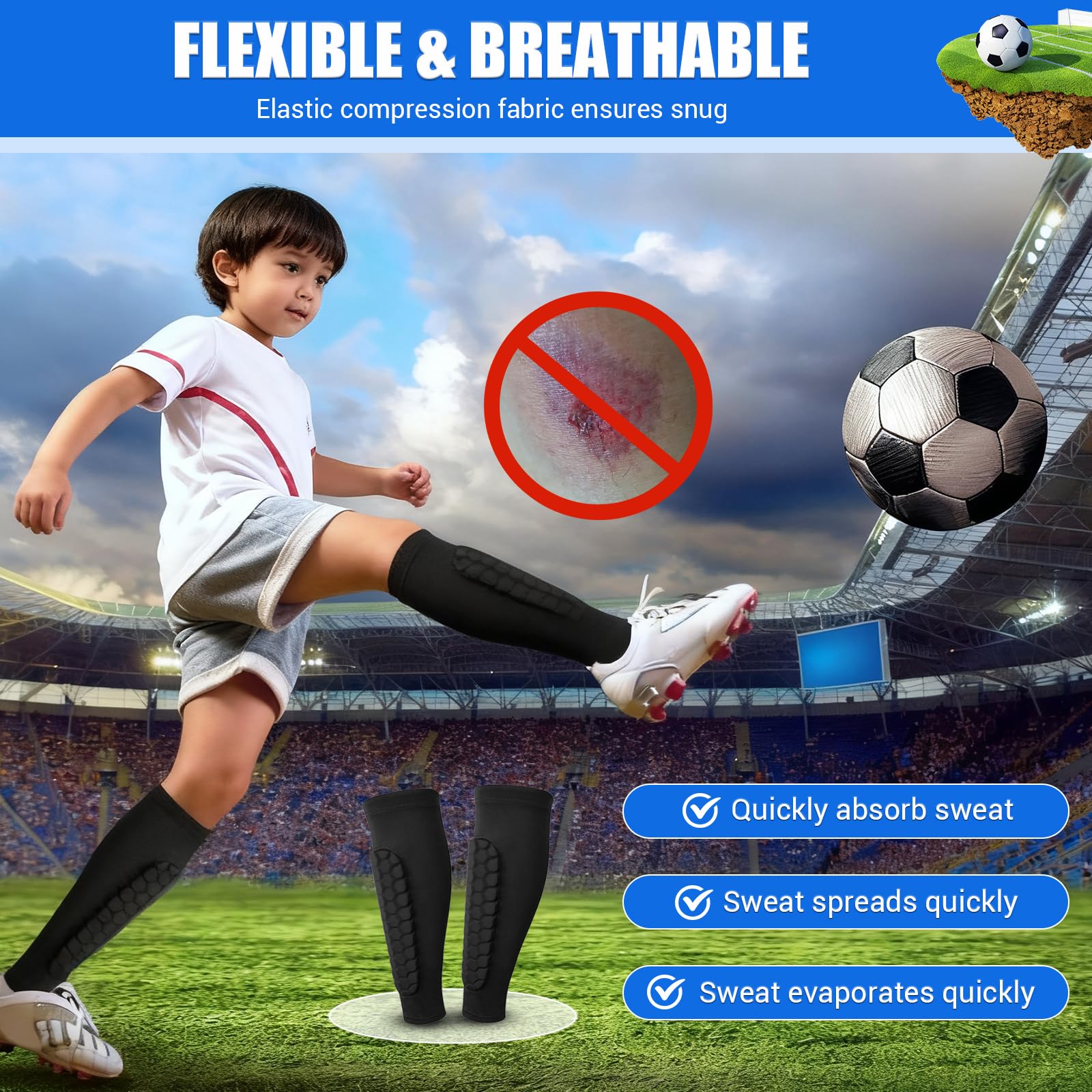 Parastinchi da calcio per bambini e ragazzi, parastinchi per bambini, a compressione, con cuscinetti a nido d'ape + parastinchi rigidi con cinghie regolabili, per allenamento e giochi di calcio