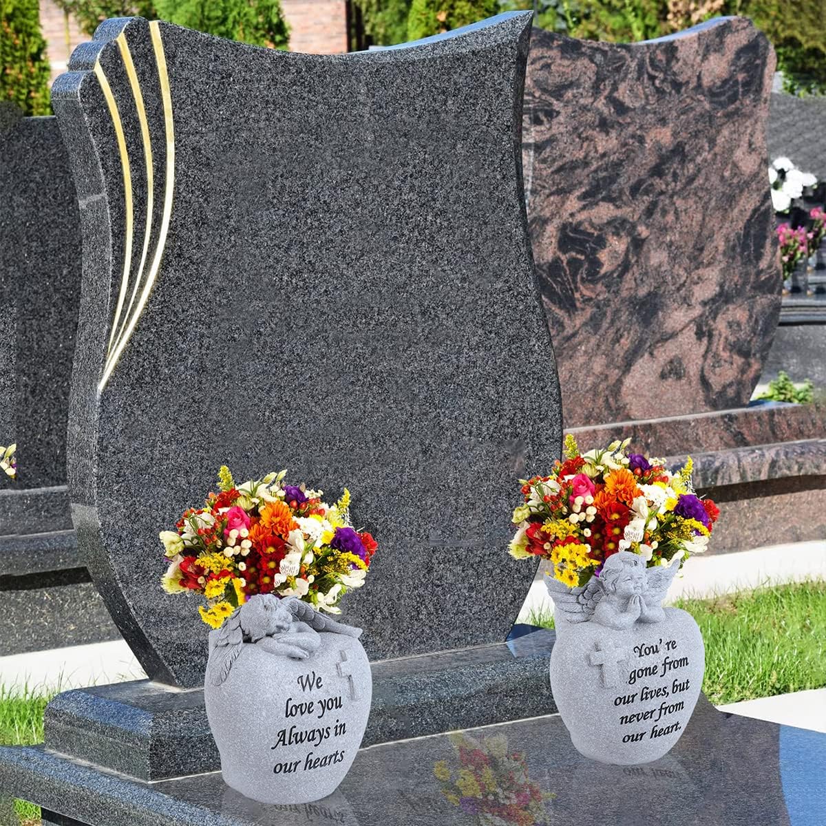 Angel and Cross Cemetery Grave Memorial Vases，Grave Decorations for Cemetery，Set of 2 Cemetery Memorial Vases with Removable Stakes,Memorial Gifts for Loss of Loved