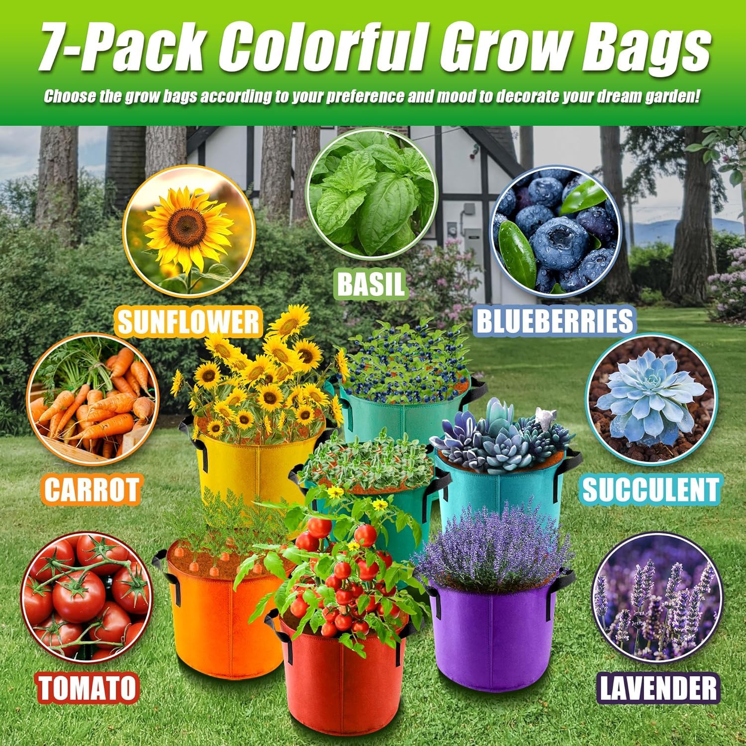 LATERN 7 Pièces 10 Gallons Sacs de Culture pour Plantes, 7 Couleurs Sacs de Culture en Tissu Non Tissé Respirant Épaissis Conteneurs avec Aération des Racines avec Poignée pour Fleurs Légumes Fruits
