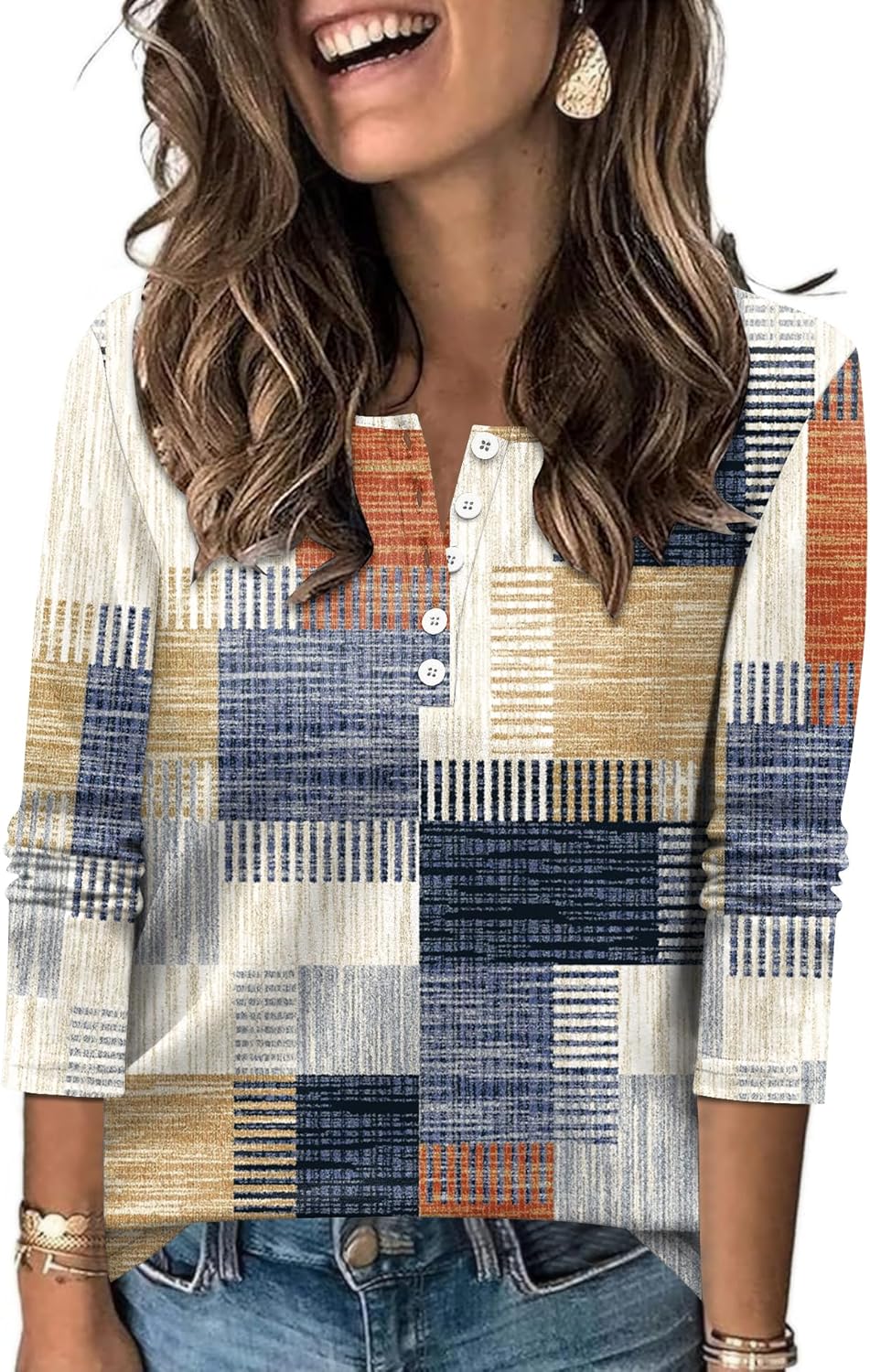 LUYAA Womens Long Sleeve V Neck Henley Shirts Color Block Printed Button Down Tunic Tops Dressy Casual Spring Tops 2026