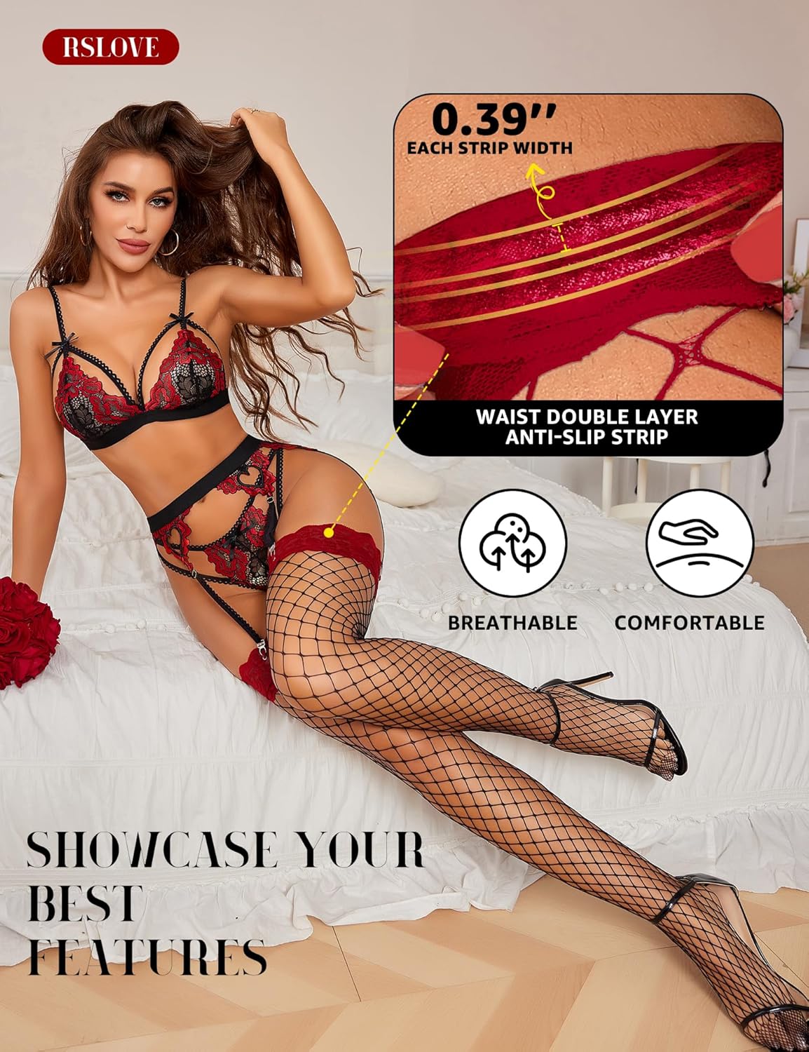 RSLOVE Women's Lace Top Fishnet Thigh-High Stockings with Antiskid Silicone Sexy Stay Up Tights Pantyhose - Image 4