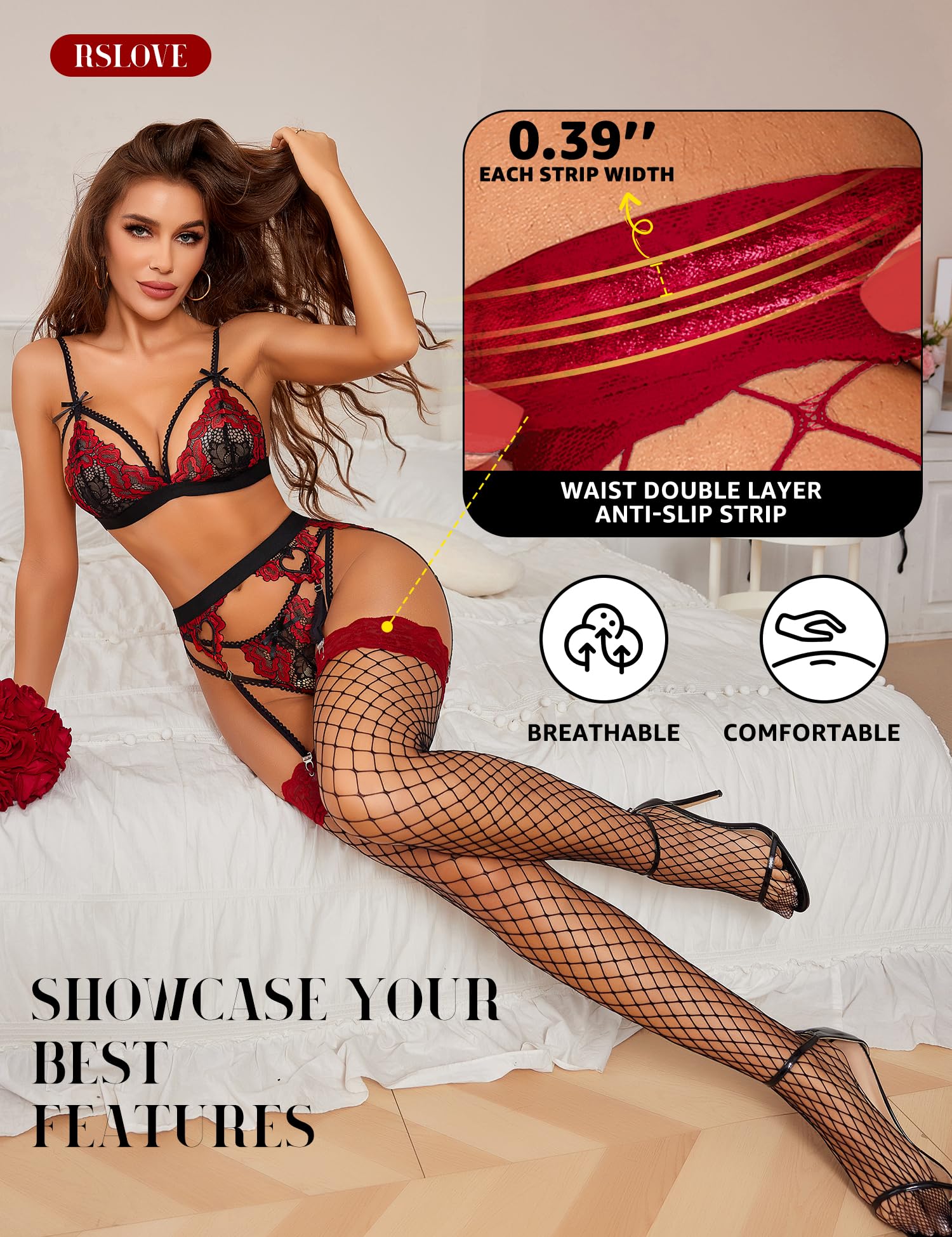 RSLOVE Women's Lace Top Fishnet Thigh-High Stockings with Antiskid Silicone Sexy Stay Up Tights Pantyhose: One Size Black Red