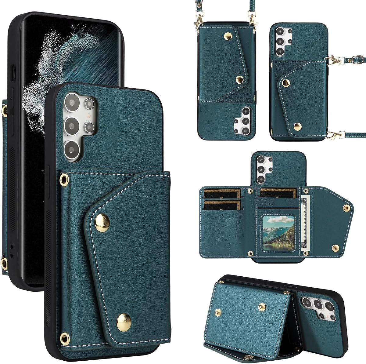 Luxury Wallet Case for Samsung Galaxy S21 Ultra 5G with 5 Card Slots Thin Slim Flip Purse & Shoulder Strap,Credit Card Holder Stand Phone Cover for S21ultra 21S S 21 21ultra G5 Green