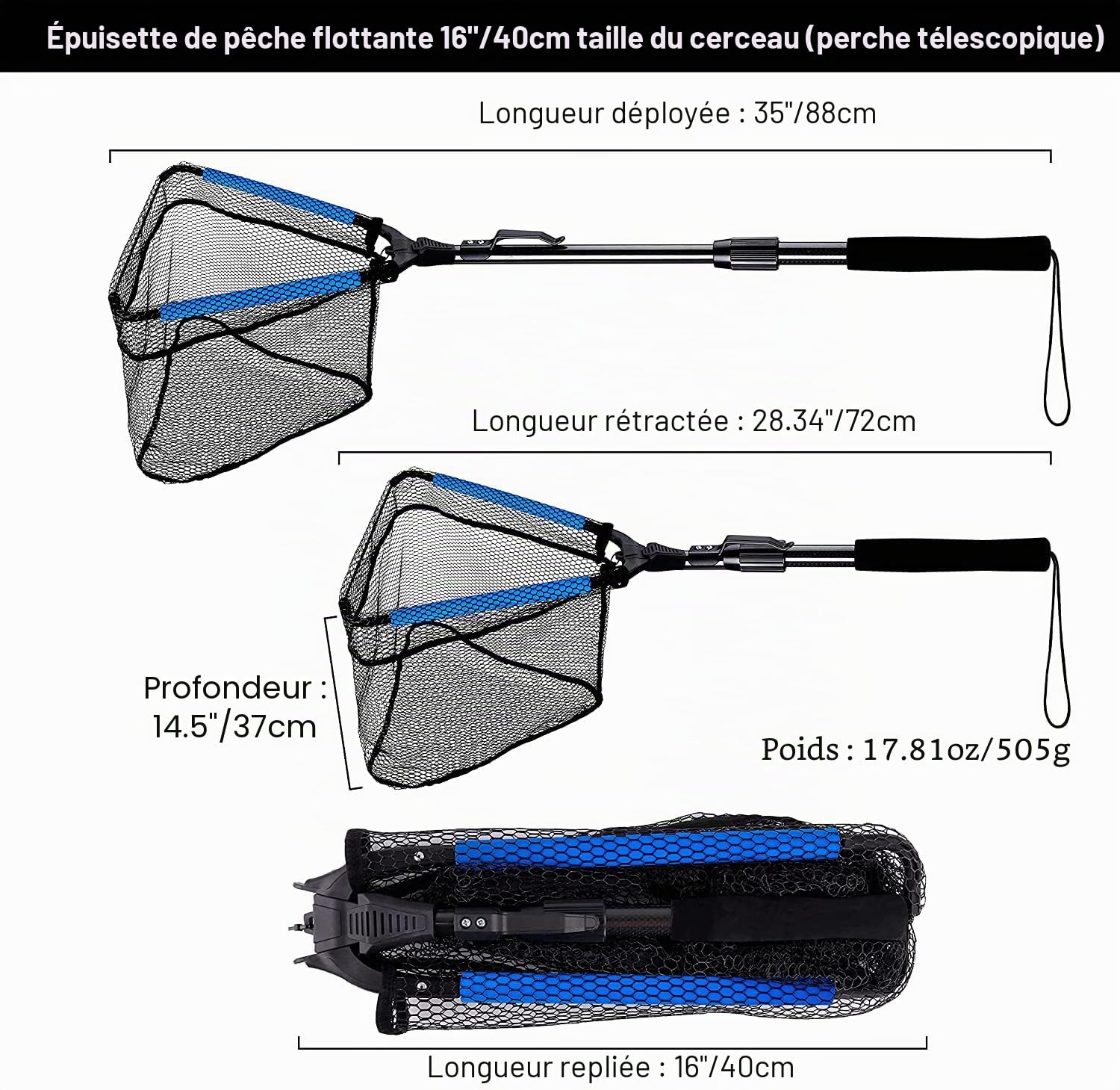 PLUSINNO Filet de pêche flottant avec revêtement en caoutchouc - Facile à attraper et à démouler - Filet de pêche télescopique pliable pour eau douce ou salée