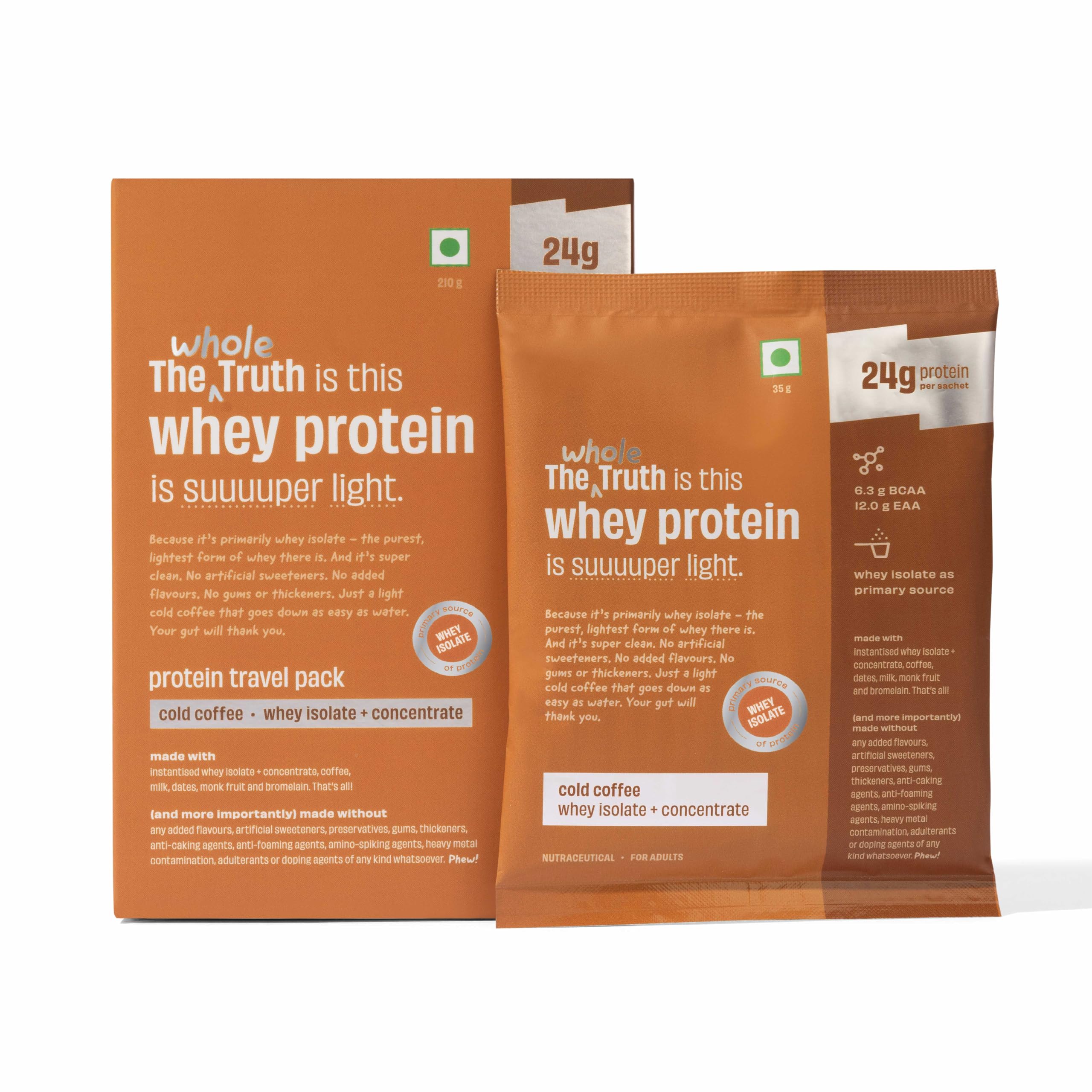 The Whole Truth Whey Protein Isolate+Concentrate | Cold Coffee 210g (Pack of 6) | 24g Protein/Sachet 6.4g BCAA | 100% Authentic & No Adulteration | Clean, Light & Easy to Digest | Sample & Travel Pack-image-39