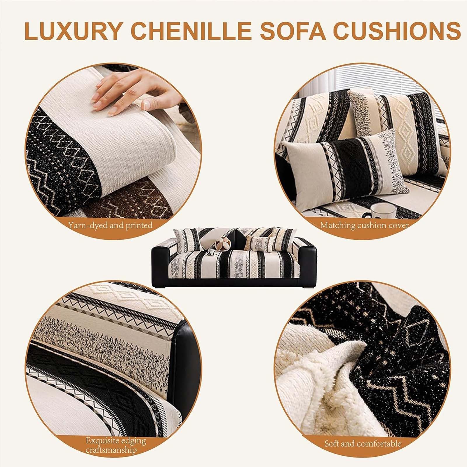 Copertura Antiscivolo in Chenille, Cuscino Morbido Spesso per Divano 1/2/3/4 Posti, Copripoltrona Universale a Righe per Tutte le Stagioni Black 70 * 240cm