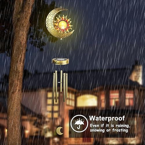 Miniatura 6 de Klmnduo Campanillas de viento, bola de vidrio agrietada de sol y luna con increíble tono profundo, luces solares LED impermeables para decoración de