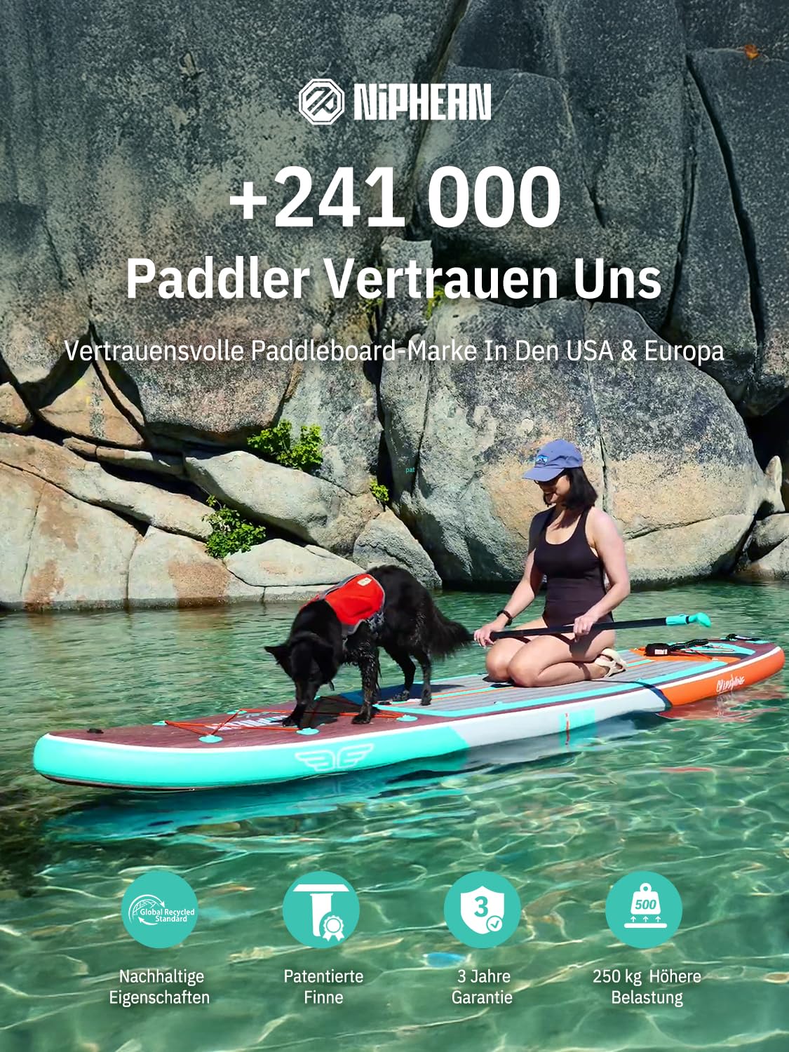 Niphean (Extra Groß) Stand Up Paddling Board, SUP für 2+1 Personen/Familien, SUP Board mit (Anfängergeeignet) StabilTrac Finne, Wasserdichte Handyhülle, Stand Up Paddle Board for Adults, Geschenkideen