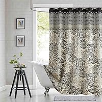 Vista 9 de Cortina de ducha larga de tela, cortinas de ducha de damasco bohemio con estampado de paisley en vino burdeos y oro amarillo, cortinas impermeables