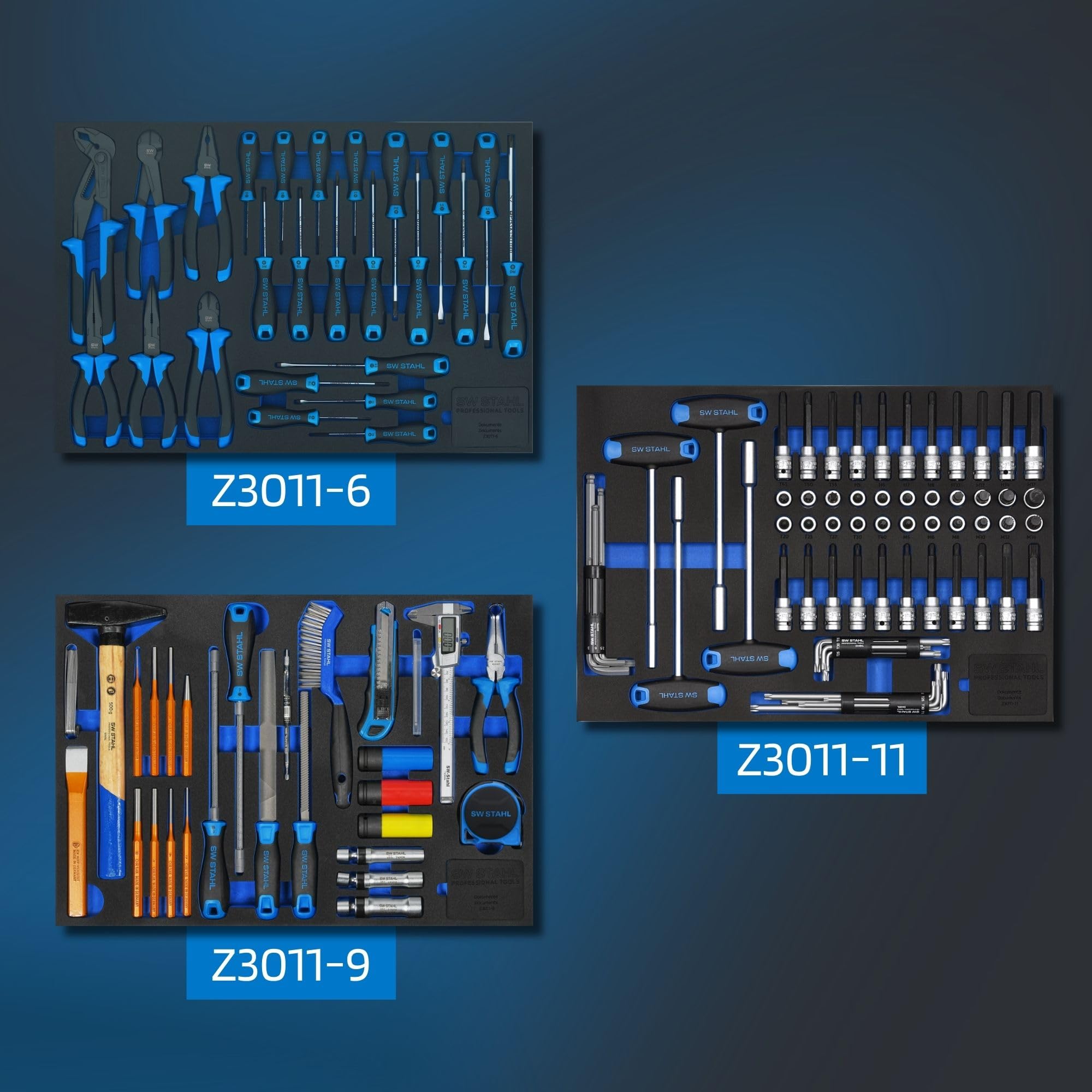 SW-Stahl Z3110 Wózek Warsztatowy TT801, Zestaw Narzędzi 341 Szt., 8 Szuflad | Niebieska szafka narzędziowa Twin-Lock, 5 szuflad z wyposażeniem, blat ze stali nierdzewnej i perforowane ścianki boczne.
