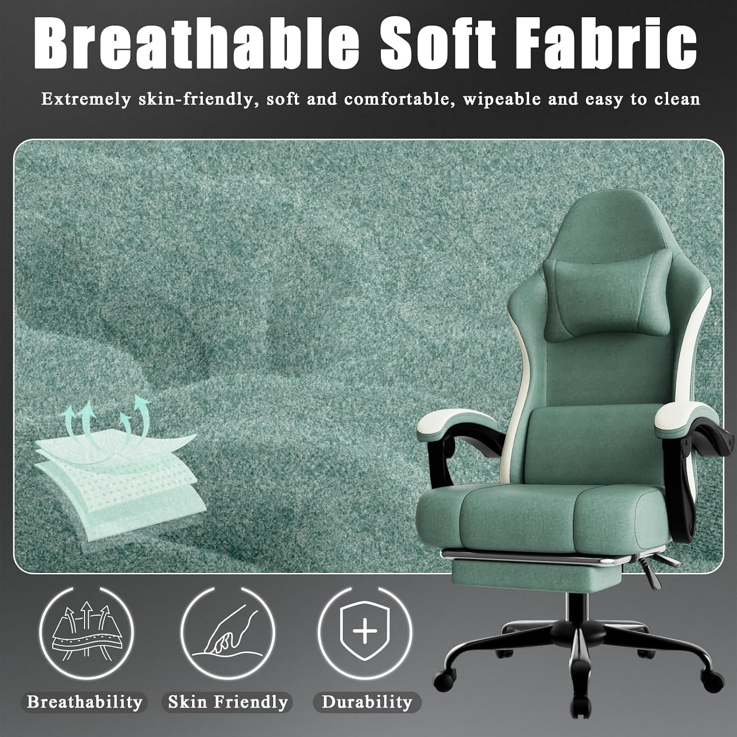 Ergonomic Gaming Chair with Pocketed Spring Cushion, Breathable Fabric Computer Chair with Footrest, Adjustable Lumbar Support Video Game Chair for Adults (Fabric, Blue)