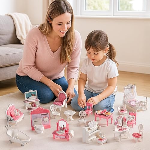 Miniatura 7 de ROBOTIME Juego de muebles de casa de muñecas de 26 piezas para niños, accesorios realistas para casa de muñecas con 5 habitaciones sala de estar,