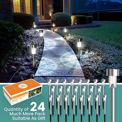 Miniatura 4 de GIGALUMI 24 Pack Solar Path Lights Outdoor,Solar Lights Outdoor Waterproof,Stainless Steel LED Landscape Lighting,Solar Garden Lights for