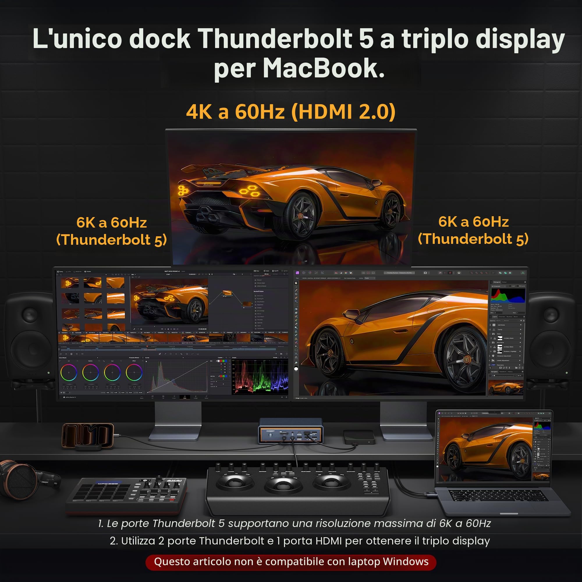 iVANKY 23-in-1 FusionDock Max 2 per 120Gbps Thunderbolt 5, Stazione di Docking Triple Monitor, 6K@60Hz Dock per MacBook M1/M2/M3/M4/M5 Pro/Max,HDMI 2.0, 140W PD, 10Gbps USB, 2,5 GbE, SD/TF 4.0