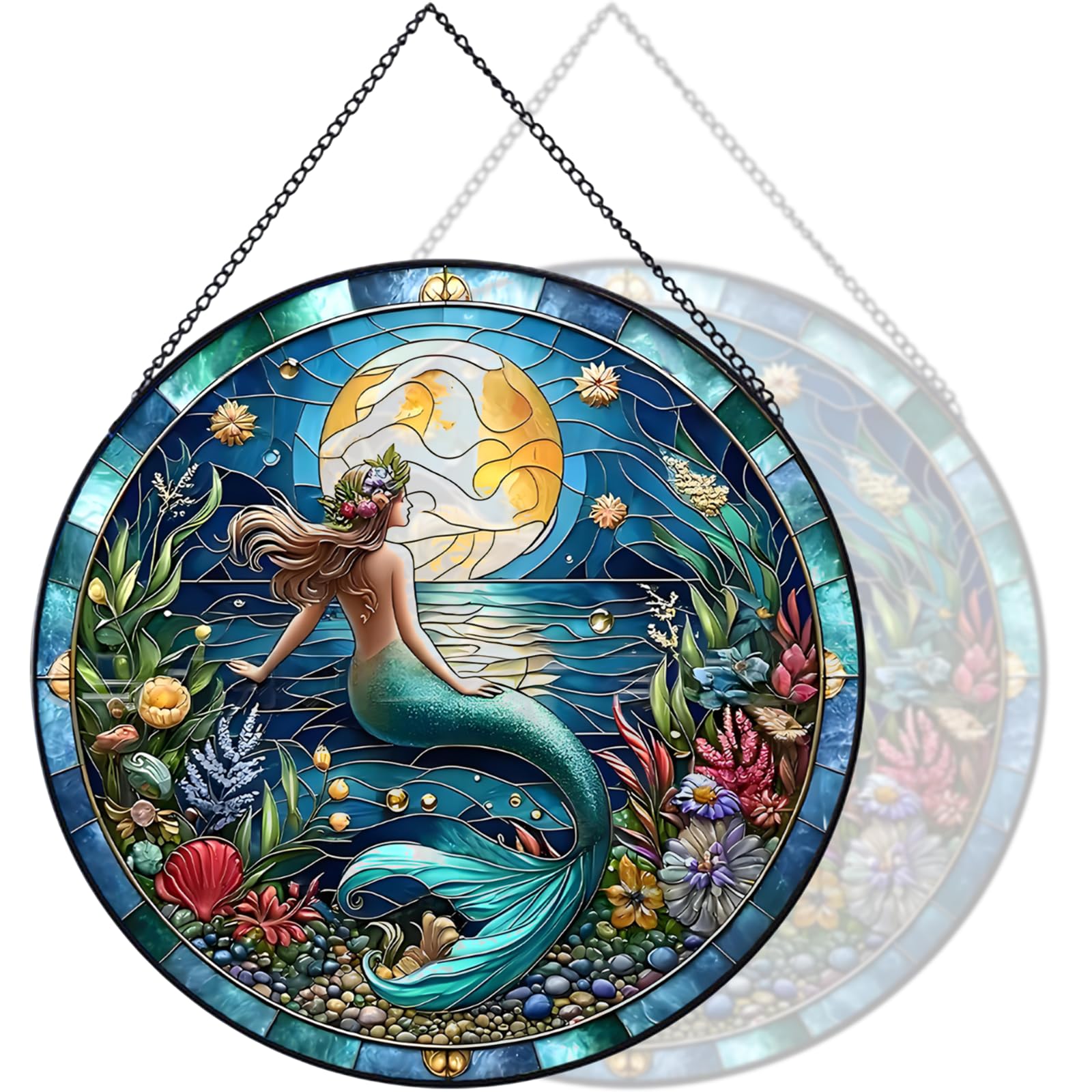 RIVEENY Mermaid Suncatcher Stained, Stained Glass Window Hanging, Mermaid Suncatchers for Windows, Hand Painted Glass for Ocean Lover 20cm/7.87inch