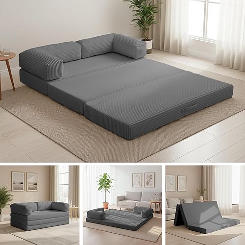 Convertible Sofa Bed Queen,5-in-1 Folding Boneless Couch Corduroy Futon Sofa Bed,Tri-Fold Mattress with Removable Armrests & Handle,Sleeper with Pull Out Bed for Small Space Living Room Bedroom