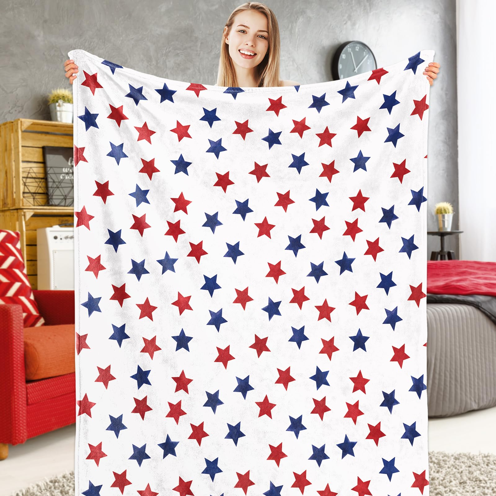 JarThenaAMCS Patriotic Fuzzy Blanket Red Blue Star Throw Blanket 4th of July Soft Cozy Flannel Blanket for Home Bed Sofa Couch Chair, 50 x 60 Inch