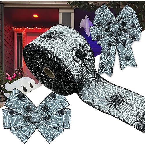 ACSENCETER Halloween Wired Ribbon 2.5" x 10 Yards Perfect for DIY Handmade Spider Web Pattern Gift Ribbon Wrapping Halloween Party Decorations All Handmade and Sewn Halloween Fabrics